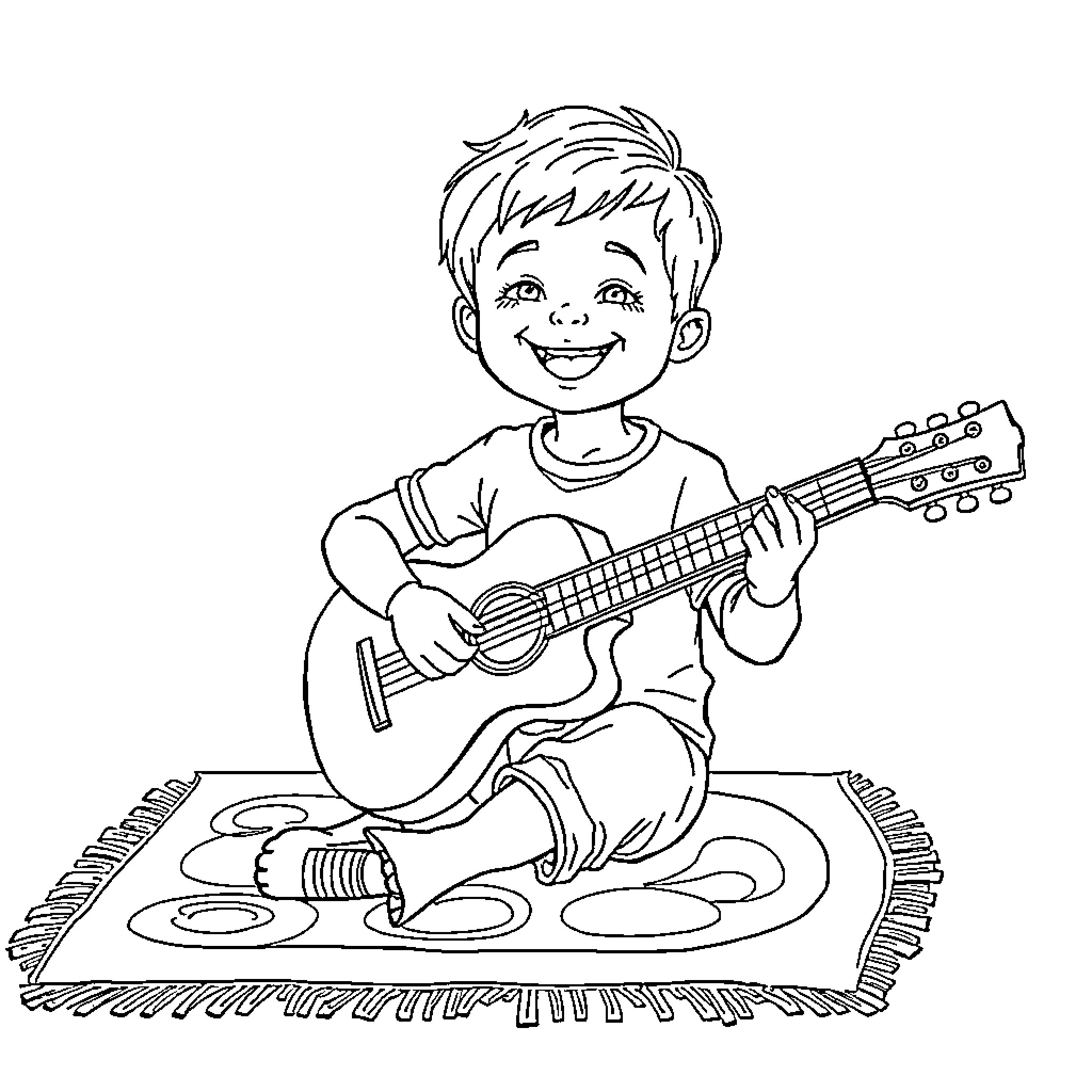 Child playing guitar on a rug Coloring Page (free black-and-white line drawing printable PDF for all, from beginners to advanced learners, including children, teens, adults, and seniors)