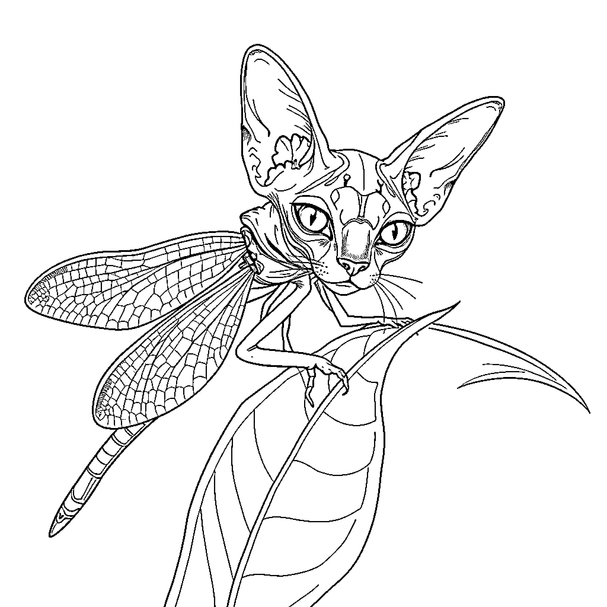 Dragonfly-winged cat with an inquisitive expression Coloring Page (free black-and-white line drawing printable PDF for all, from beginners to advanced learners, including children, teens, adults, and seniors)