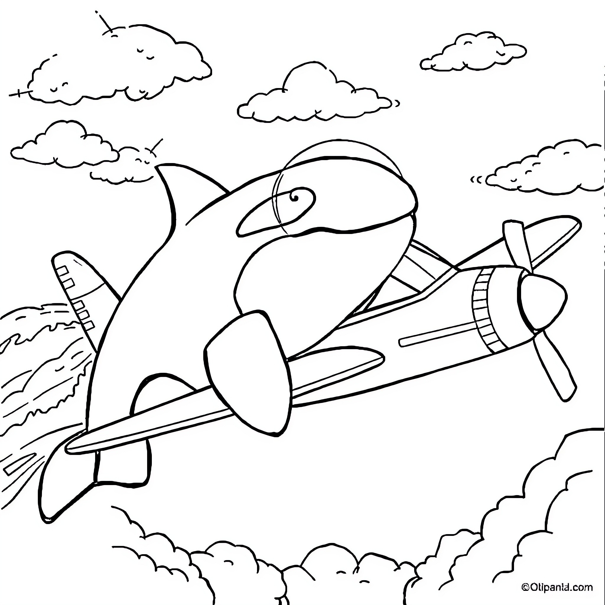 Orca Pilot Soaring Through the Skies Coloring Page (free black-and-white line drawing printable PDF for all, from beginners to advanced learners, including children, teens, adults, and seniors)