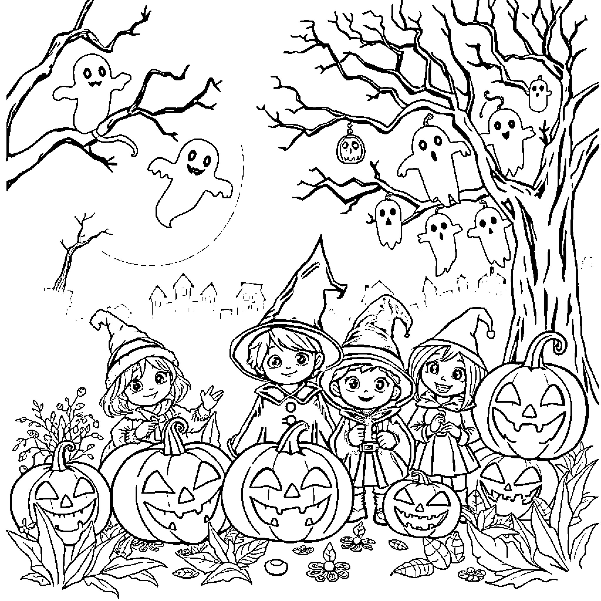 Halloween Trick-or-Treating in a Spooky Forest Coloring Page (free black-and-white line drawing printable PDF for all, from beginners to advanced learners, including children, teens, adults, and seniors)