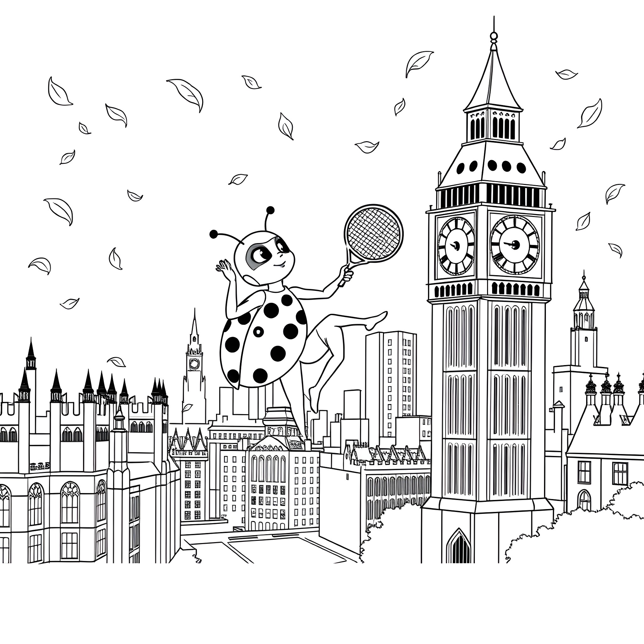 Ladybug playing tennis in the city Coloring Page (free black-and-white line drawing printable PDF for all, from beginners to advanced learners, including children, teens, adults, and seniors)
