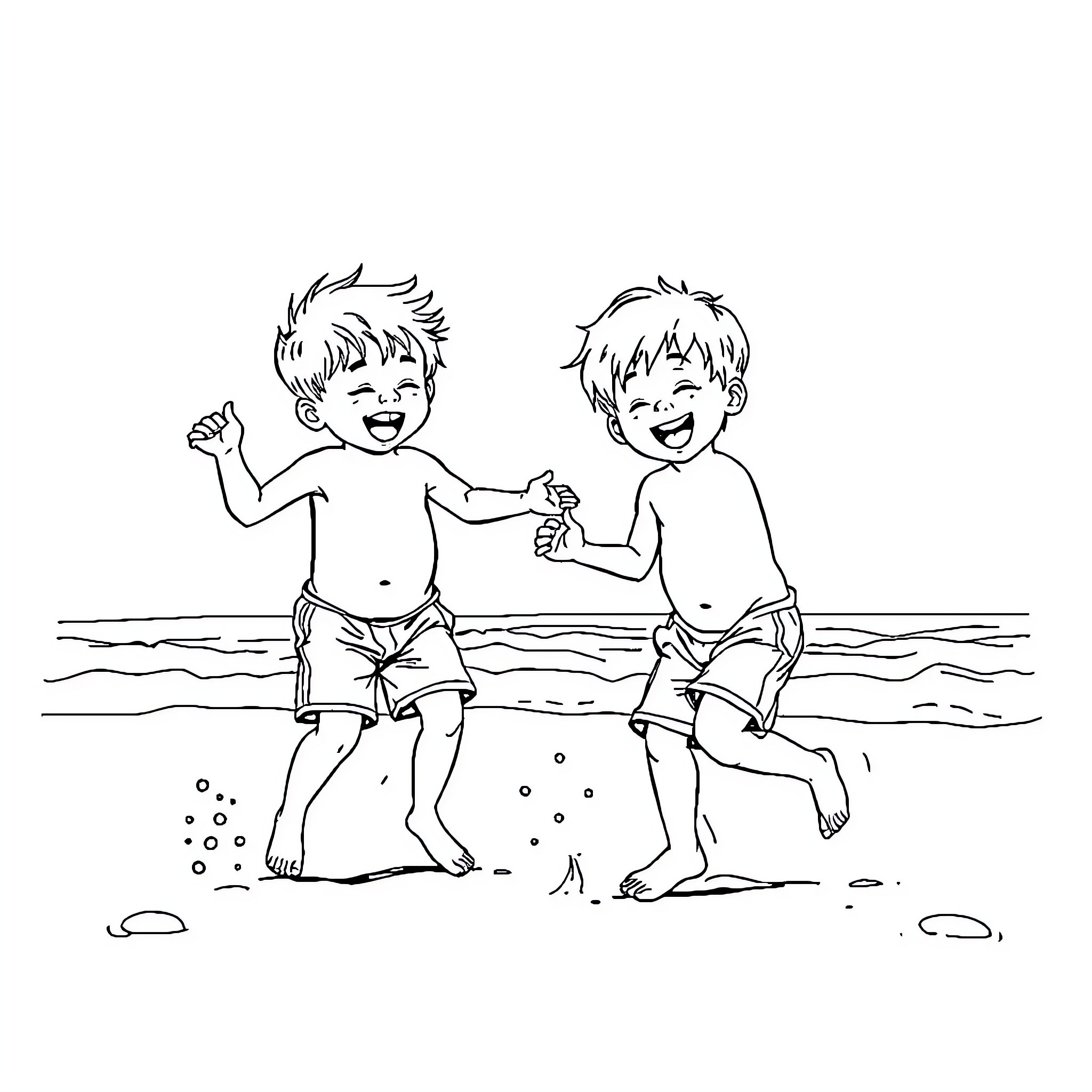 Boys playing joyfully on the beach Coloring Page (free black-and-white line drawing printable PDF for all, from beginners to advanced learners, including children, teens, adults, and seniors)