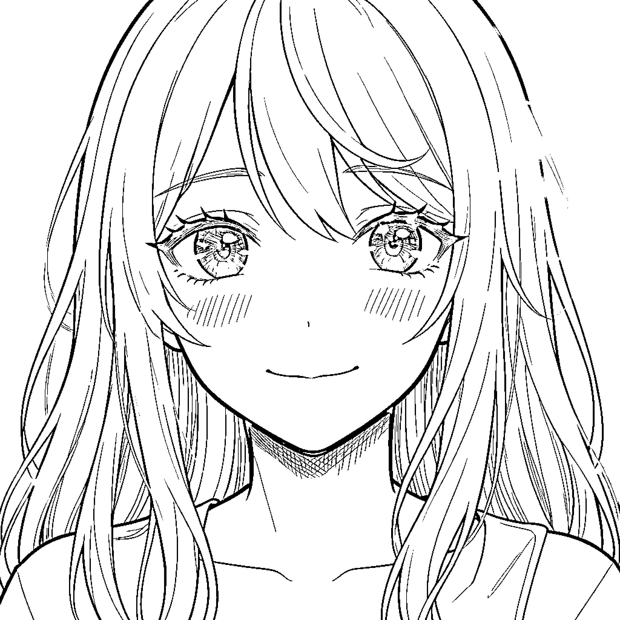 Anime Girl smiling gently with long flowing hair Coloring Page (free black-and-white line drawing printable PDF for all, from beginners to advanced learners, including children, teens, adults, and seniors)