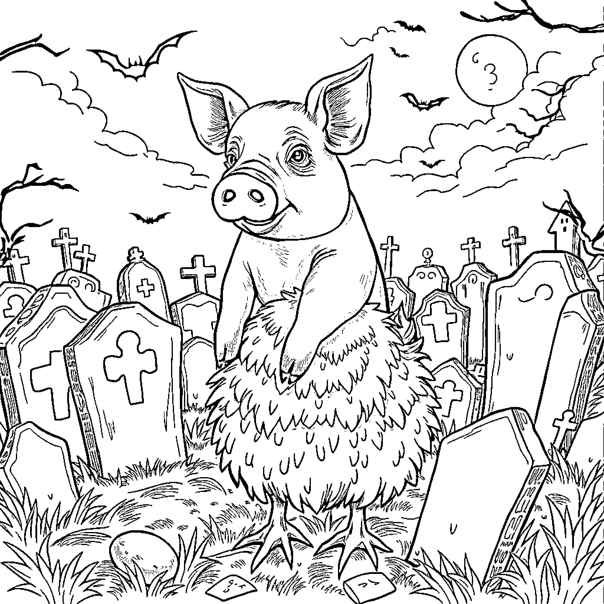 Pig in a spooky graveyard at night Coloring Page (free black-and-white line drawing printable PDF for all, from beginners to advanced learners, including children, teens, adults, and seniors)