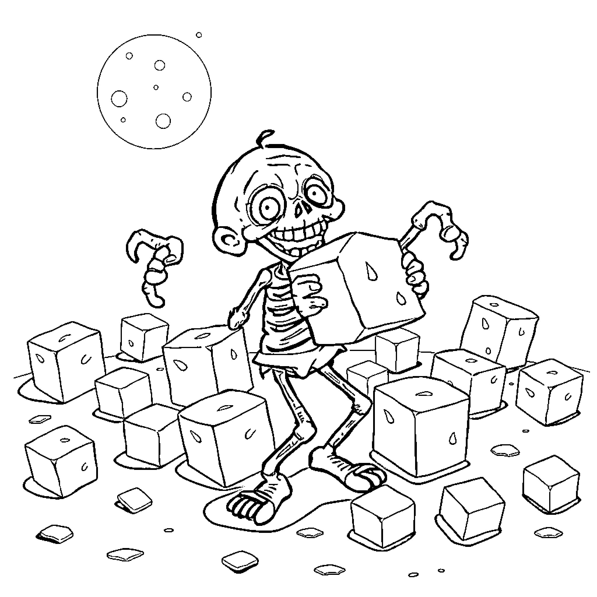 Zombie playing among scattered cubes Coloring Page (free black-and-white line drawing printable PDF for all, from beginners to advanced learners, including children, teens, adults, and seniors)