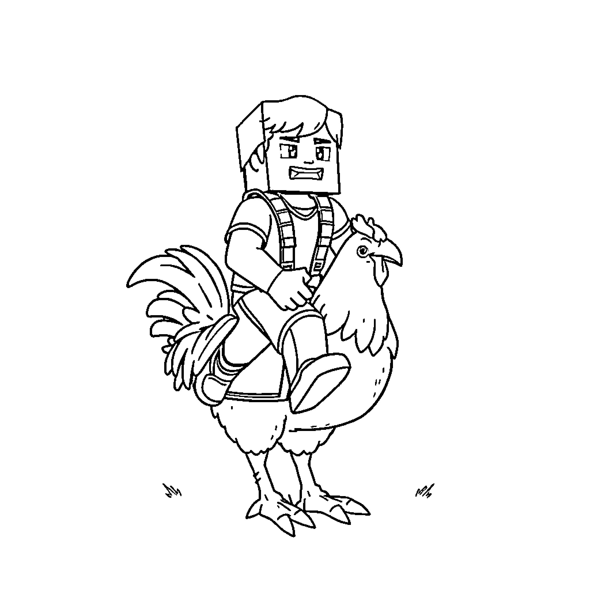 Steve rides a happy chicken on a farm Coloring Page (free black-and-white line drawing printable PDF for all, from beginners to advanced learners, including children, teens, adults, and seniors)