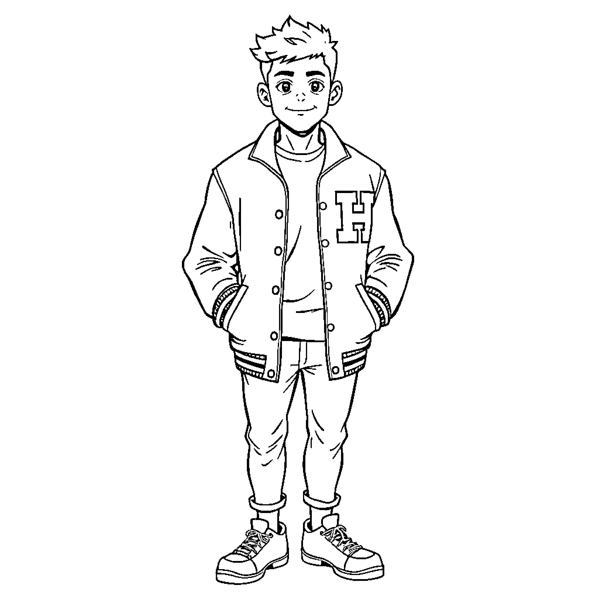 Football Player in Casual Outfit Coloring Page (free black-and-white line drawing printable PDF for all, from beginners to advanced learners, including children, teens, adults, and seniors)