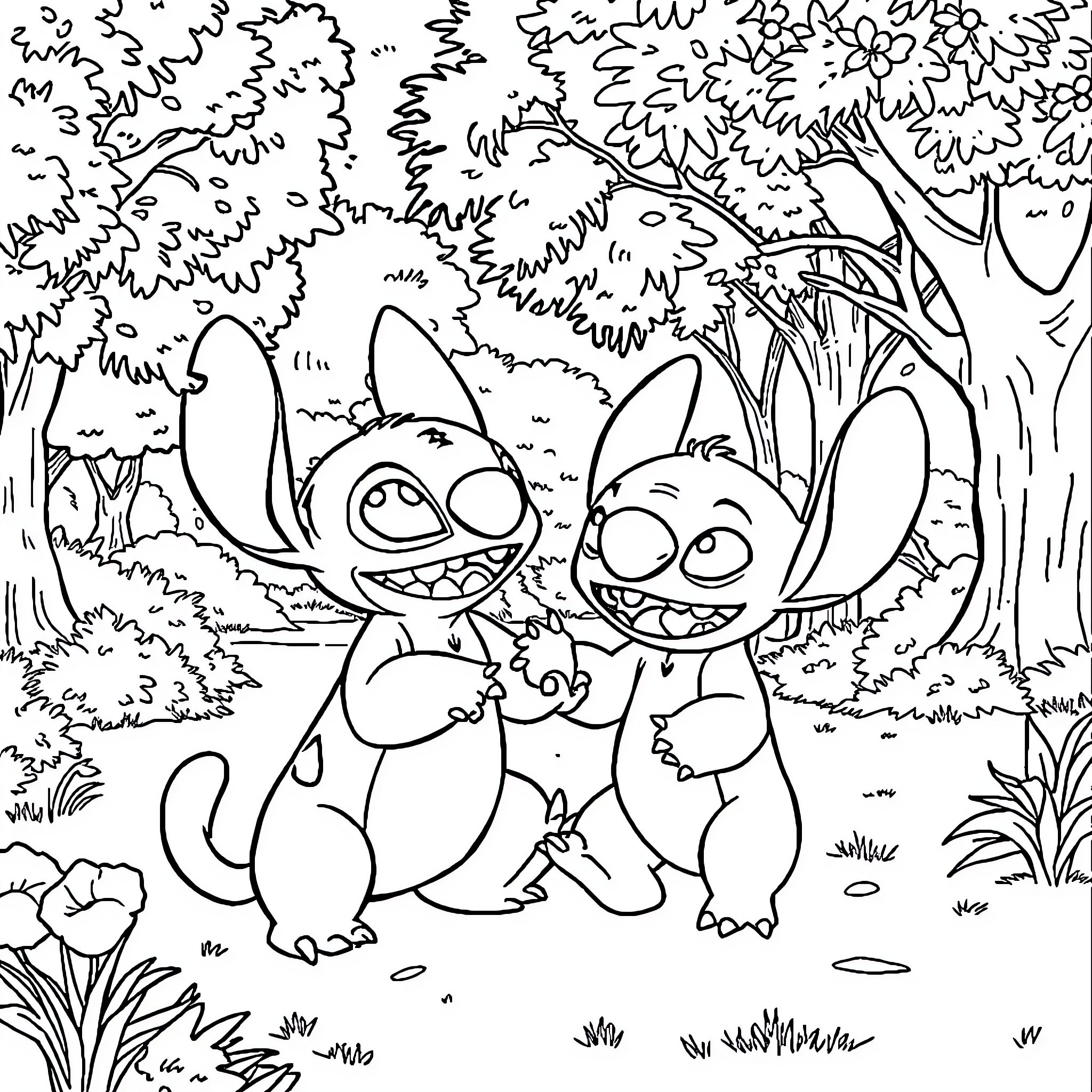 Patrol of the Mischievous Creatures in the Lush Wilderness Coloring Page (free black-and-white line drawing printable PDF for all, from beginners to advanced learners, including children, teens, adults, and seniors)