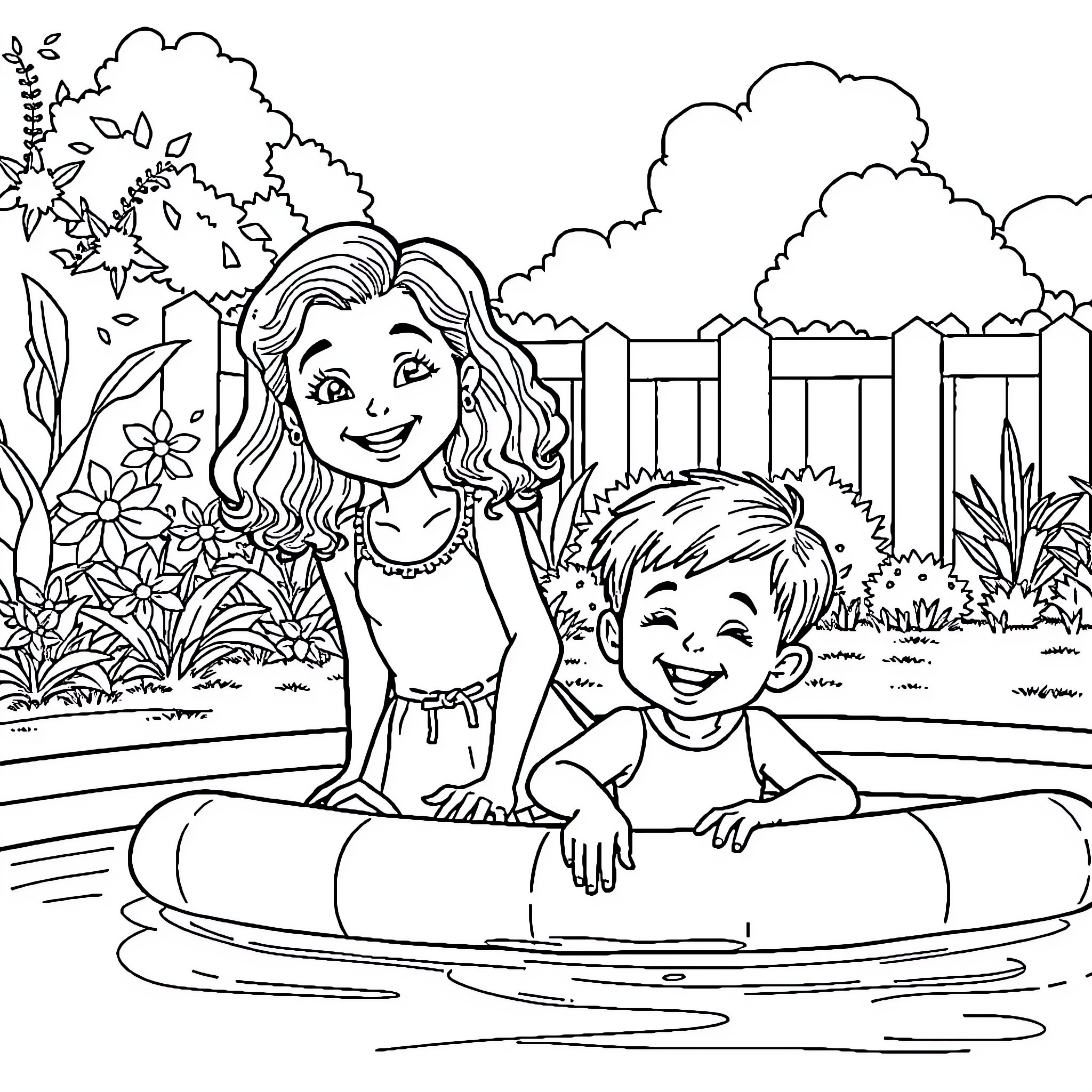 Child playing happily with mother in the backyard Coloring Page (free black-and-white line drawing printable PDF for all, from beginners to advanced learners, including children, teens, adults, and seniors)