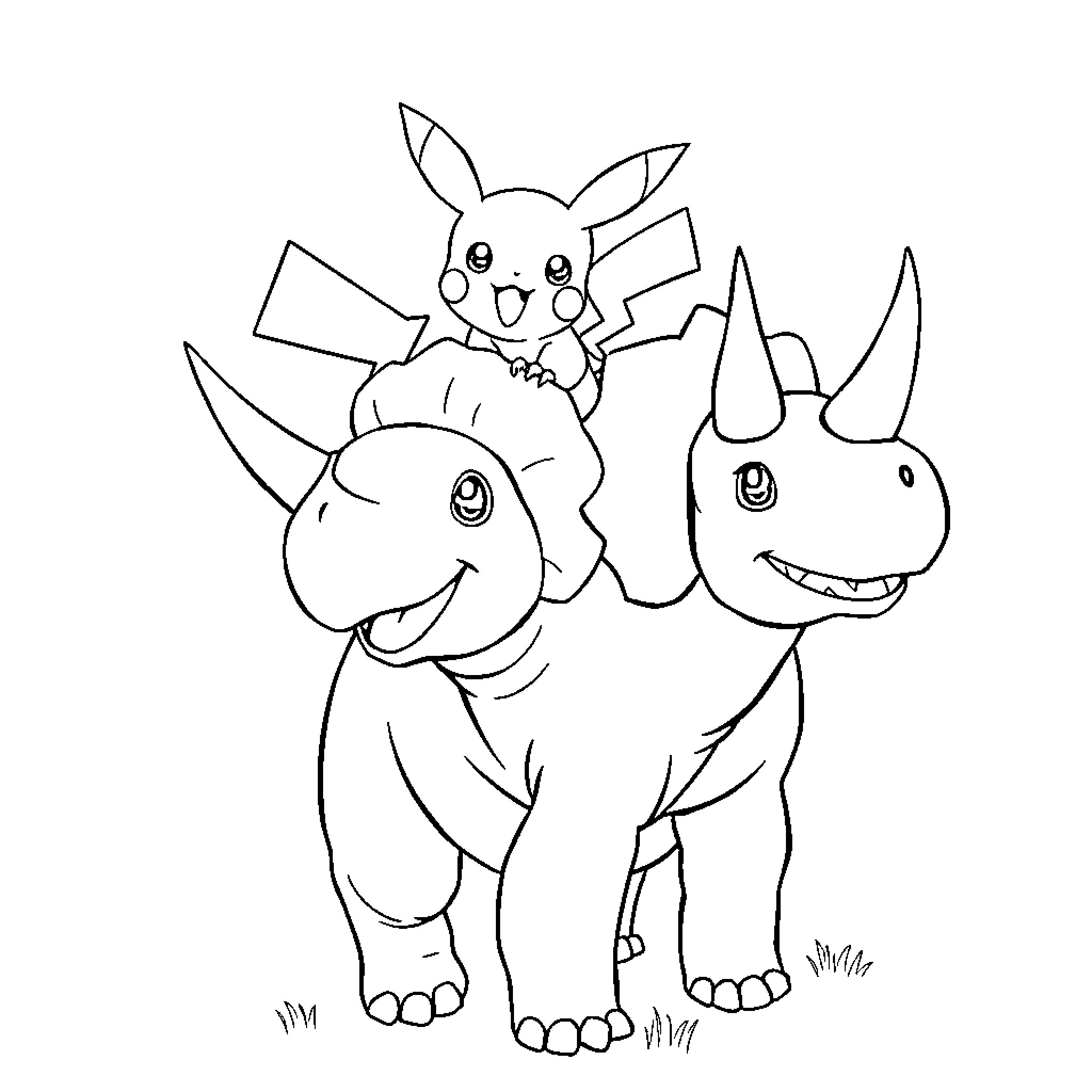 Pikachu riding on a playful rhinoceros Coloring Page (free black-and-white line drawing printable PDF for all, from beginners to advanced learners, including children, teens, adults, and seniors)