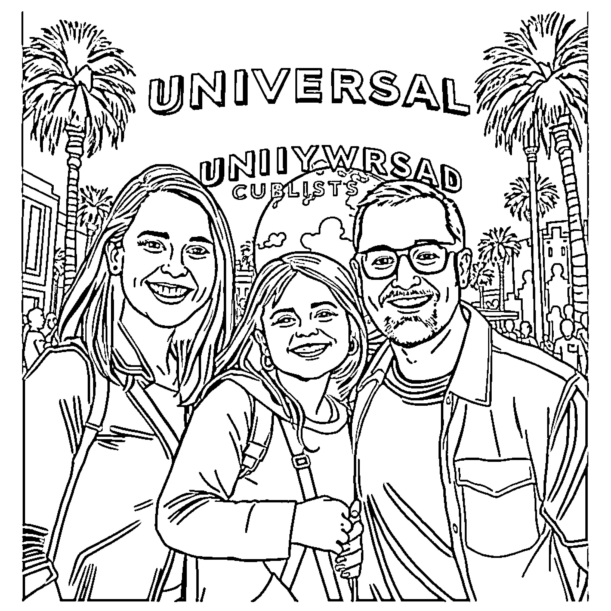 Family enjoying a celebratory outing at Universal Studios Coloring Page (free black-and-white line drawing printable PDF for all, from beginners to advanced learners, including children, teens, adults, and seniors)