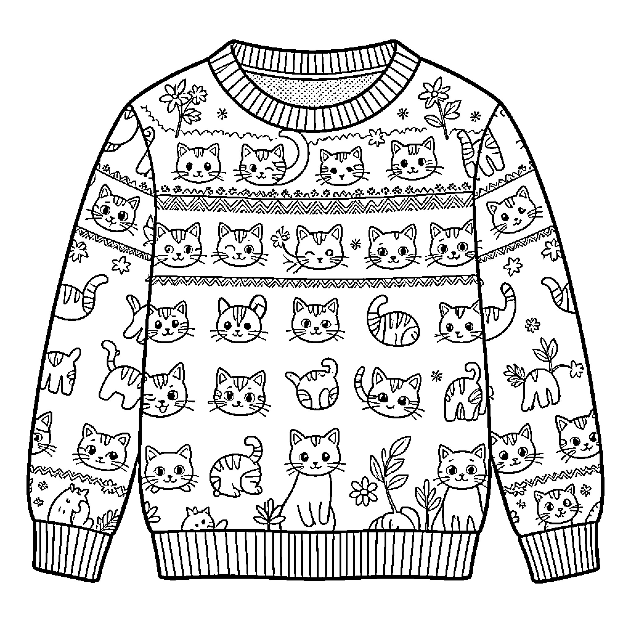 Kitty Cozy Sweater with Playful Feline Patterns Coloring Page (free black-and-white line drawing printable PDF for all, from beginners to advanced learners, including children, teens, adults, and seniors)