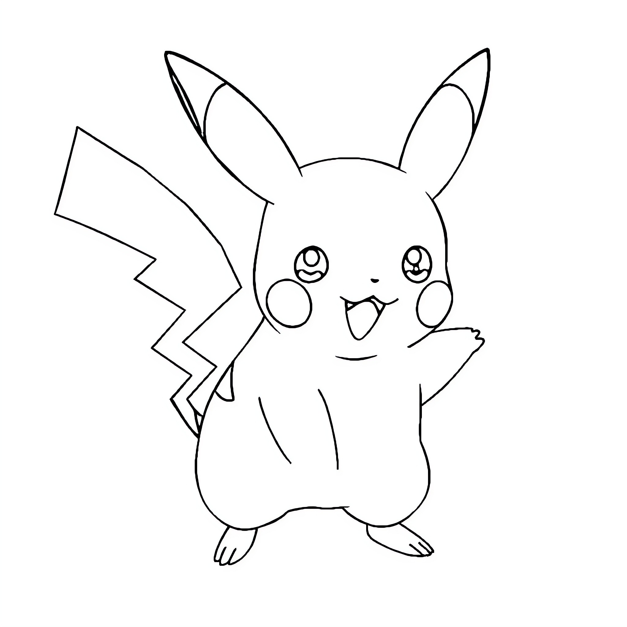Pikachu in a happy, playful pose Coloring Page (free black-and-white line drawing printable PDF for all, from beginners to advanced learners, including children, teens, adults, and seniors)