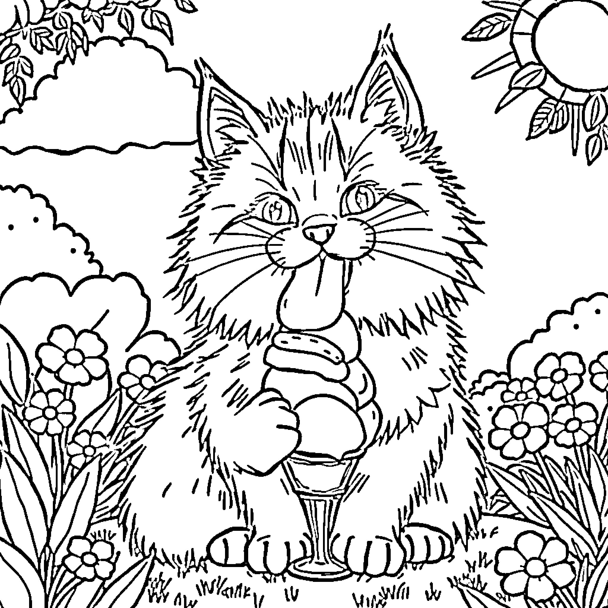 Cat surrounded by playful nature Coloring Page (free black-and-white line drawing printable PDF for all, from beginners to advanced learners, including children, teens, adults, and seniors)