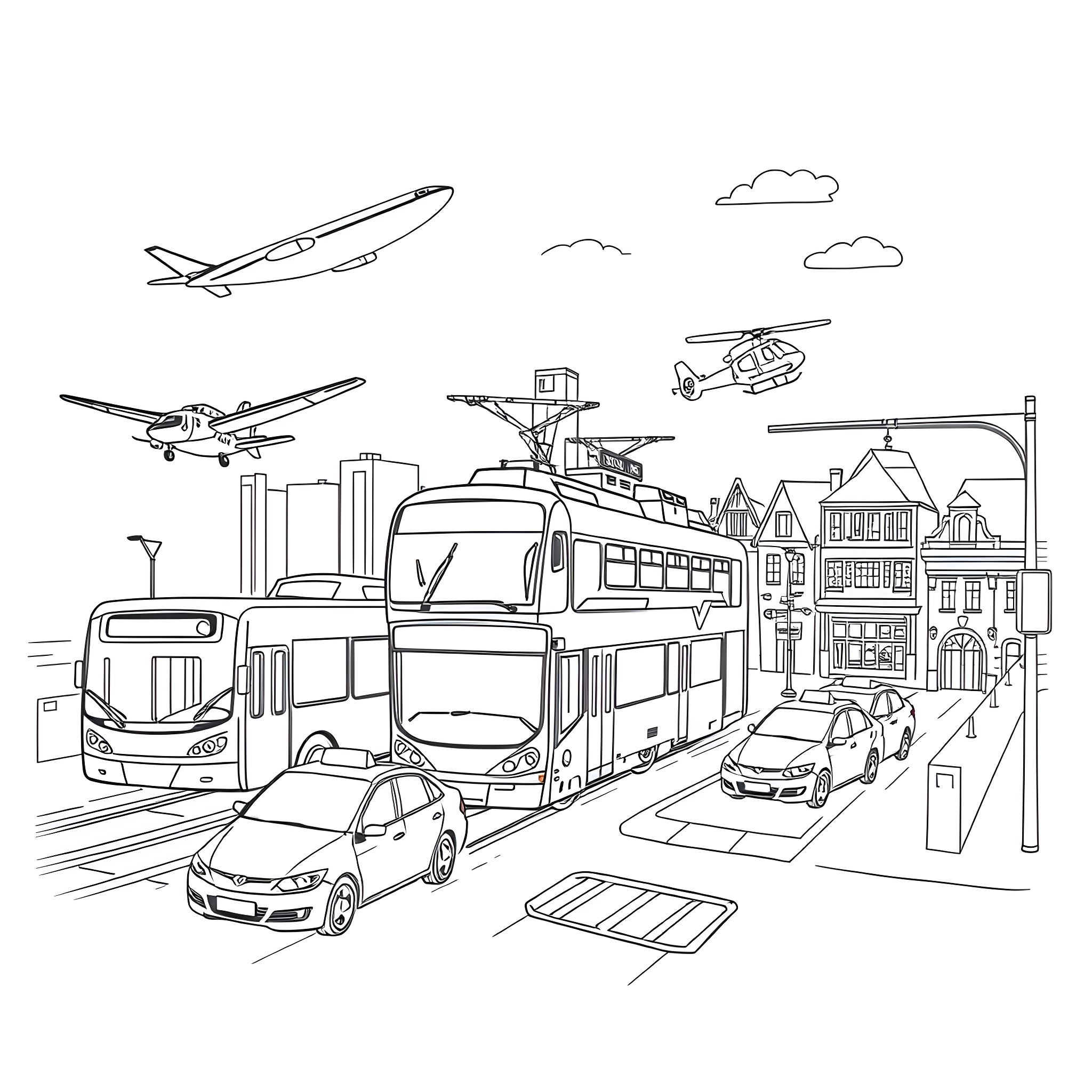 Vehicle Transportation in Urban City Scene Coloring Page (free black-and-white line drawing printable PDF for all, from beginners to advanced learners, including children, teens, adults, and seniors)
