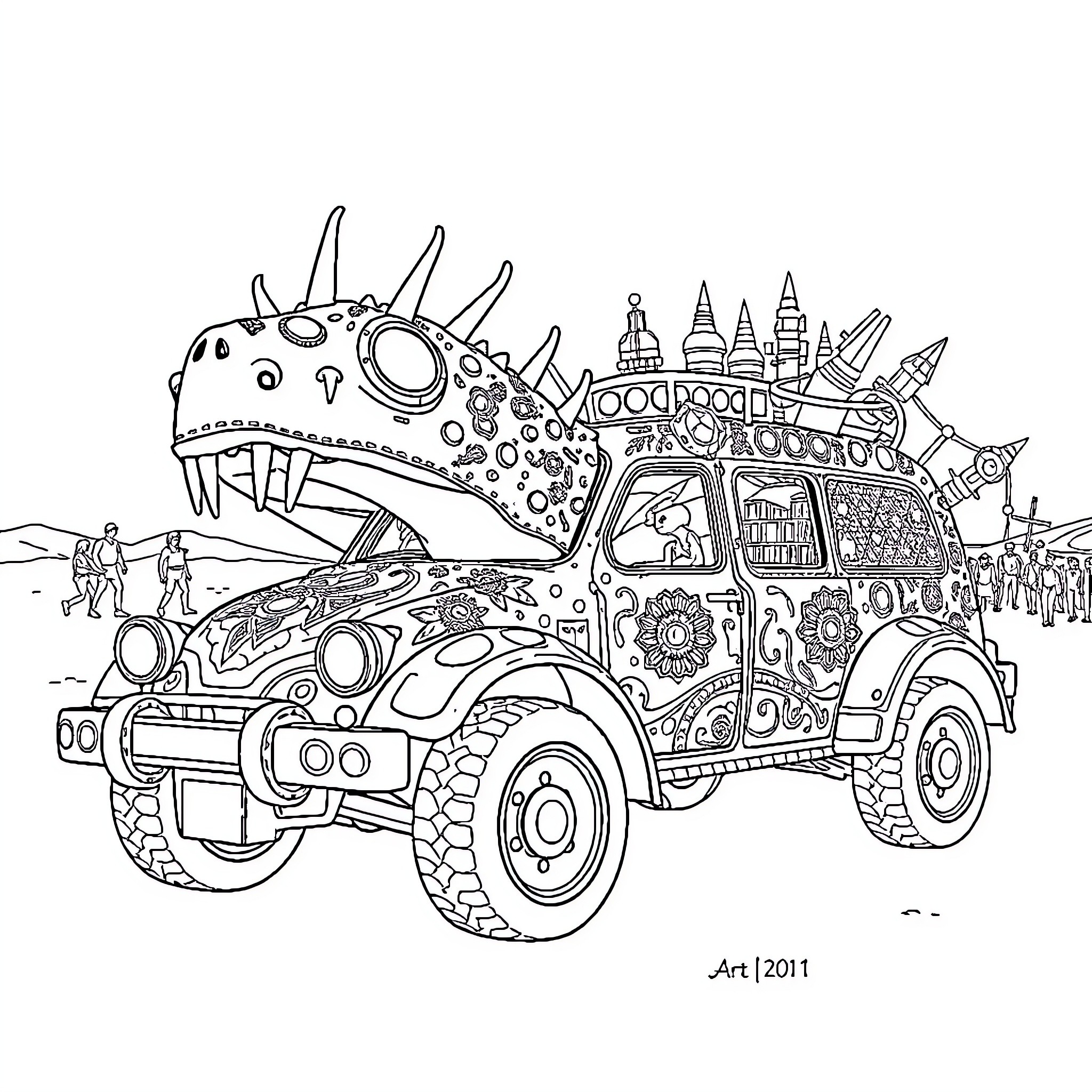 Axolotl riding colorful off-road vehicle Coloring Page (free black-and-white line drawing printable PDF for all, from beginners to advanced learners, including children, teens, adults, and seniors)