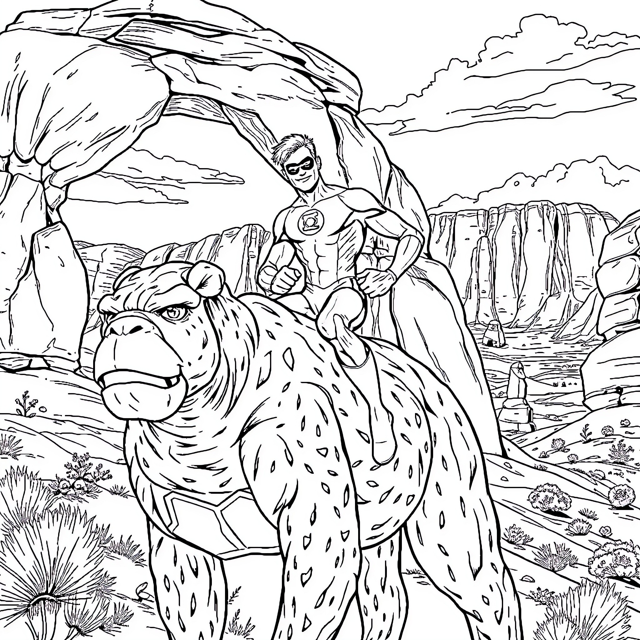 Green Lantern Soaring Over a Rugged Landscape Coloring Page (free black-and-white line drawing printable PDF for all, from beginners to advanced learners, including children, teens, adults, and seniors)