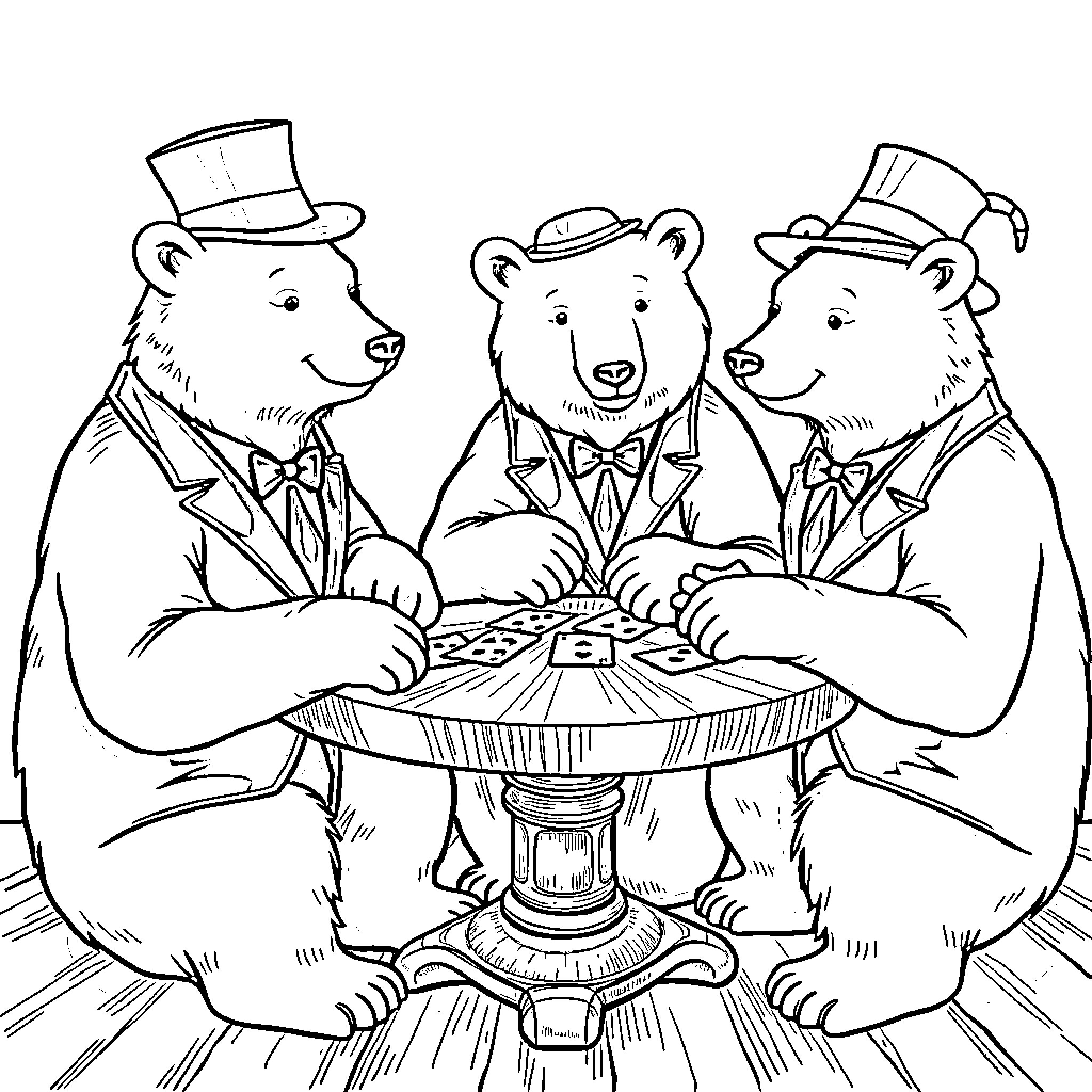 Polar Bears Playing Cards in Formal Attire Coloring Page (free black-and-white line drawing printable PDF for all, from beginners to advanced learners, including children, teens, adults, and seniors)