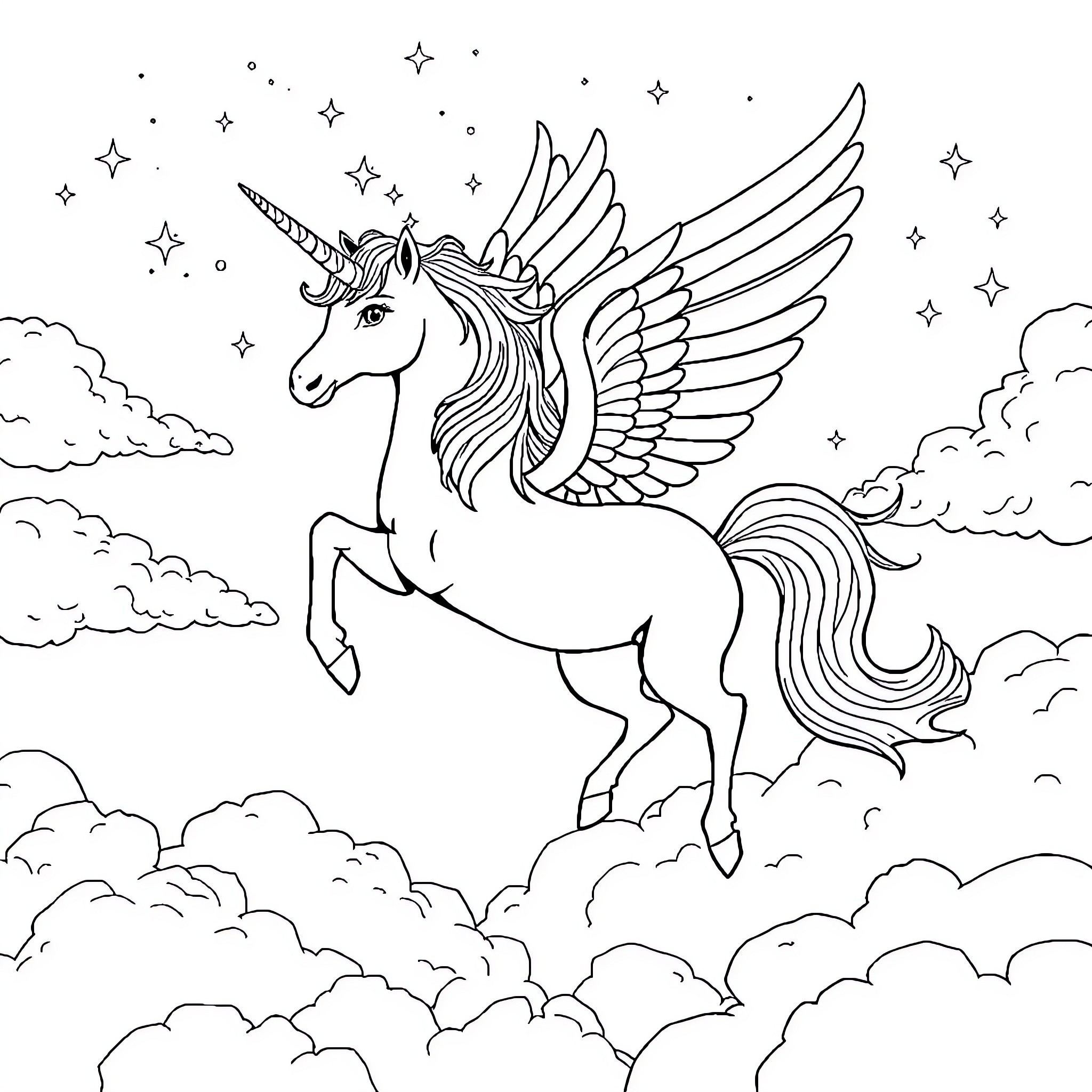 Unicorn soaring through the starry sky Coloring Page (free black-and-white line drawing printable PDF for all, from beginners to advanced learners, including children, teens, adults, and seniors)