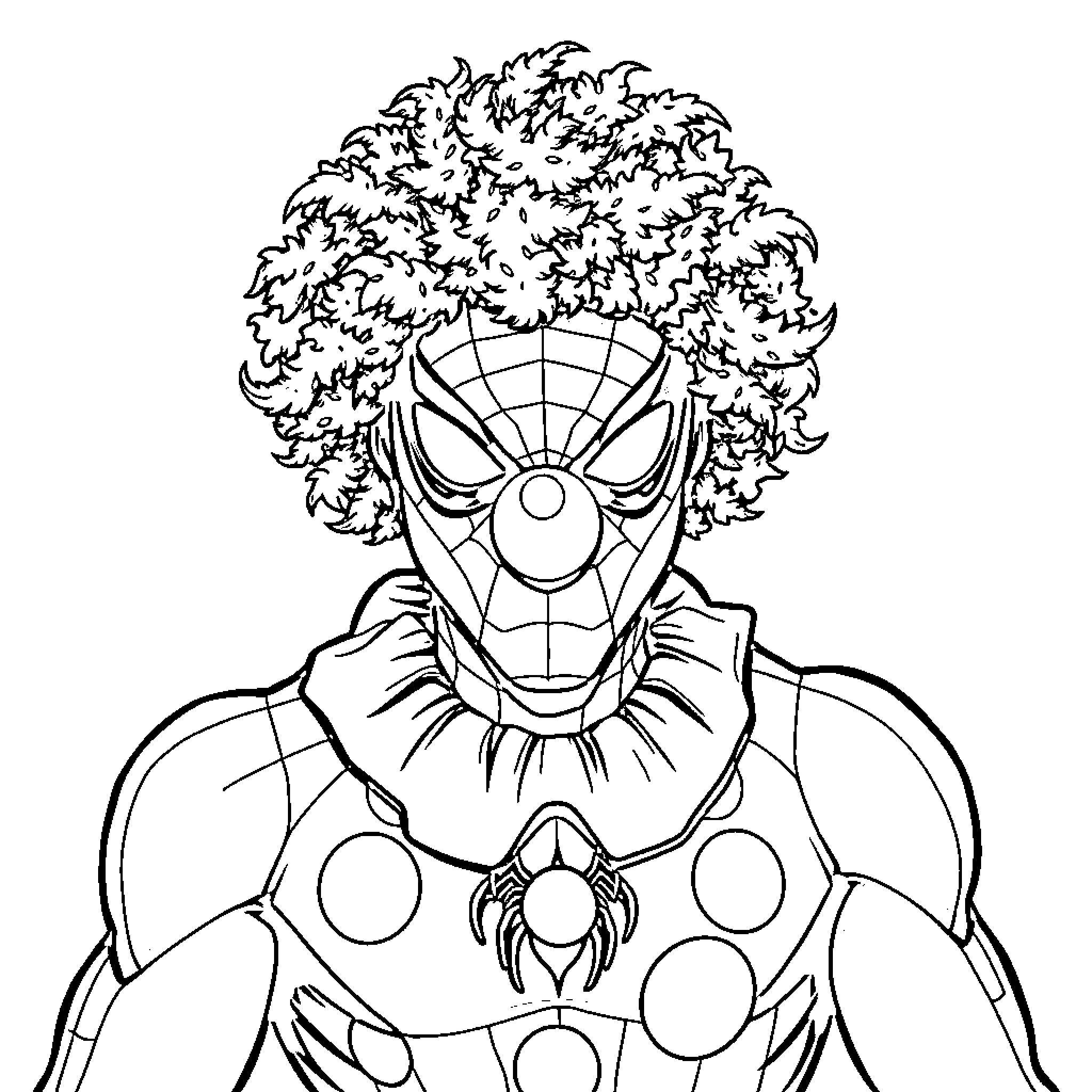 Spiderman in action with curly hair Coloring Page (free black-and-white line drawing printable PDF for all, from beginners to advanced learners, including children, teens, adults, and seniors)