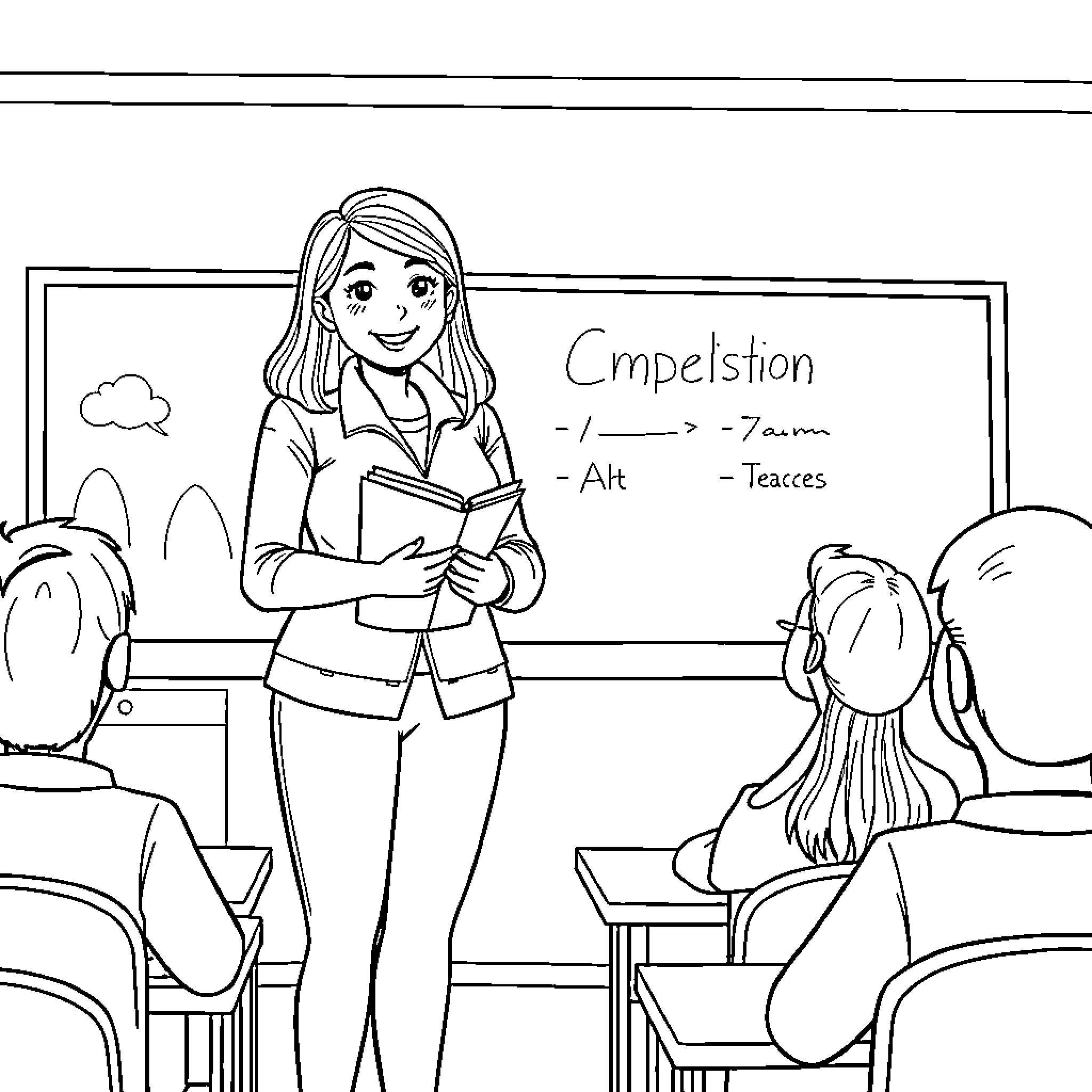 Teacher guiding students in classroom Coloring Page (free black-and-white line drawing printable PDF for all, from beginners to advanced learners, including children, teens, adults, and seniors)