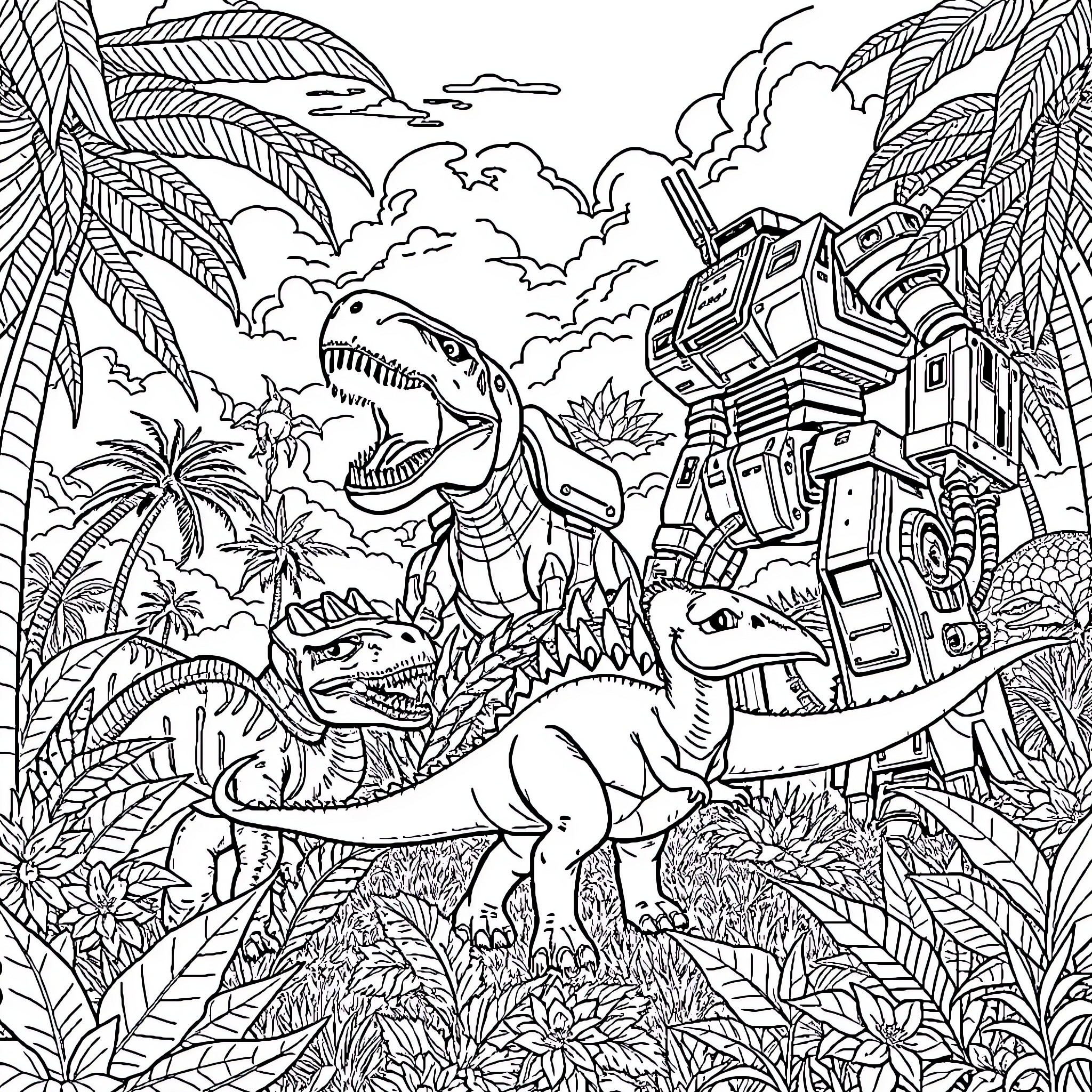 Dinosaurs Roaming Prehistoric Jungle Landscape Coloring Page (free black-and-white line drawing printable PDF for all, from beginners to advanced learners, including children, teens, adults, and seniors)
