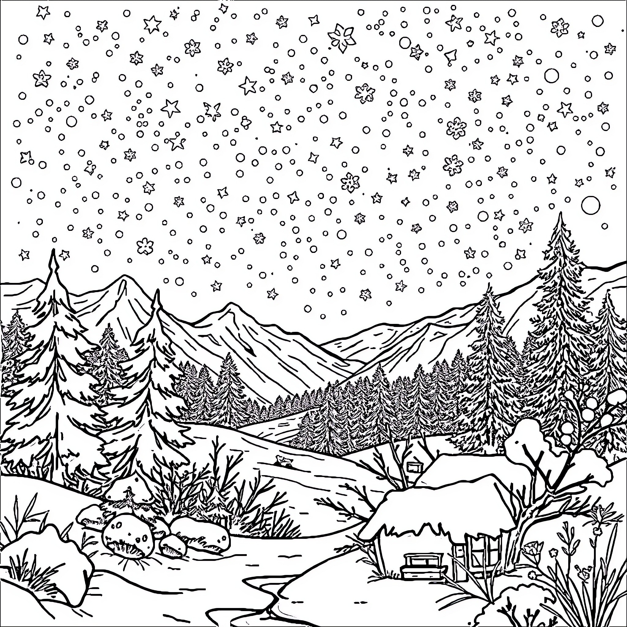 Frozen winter landscape with snowy mountains and evergreen trees Coloring Page (free black-and-white line drawing printable PDF for all, from beginners to advanced learners, including children, teens, adults, and seniors)
