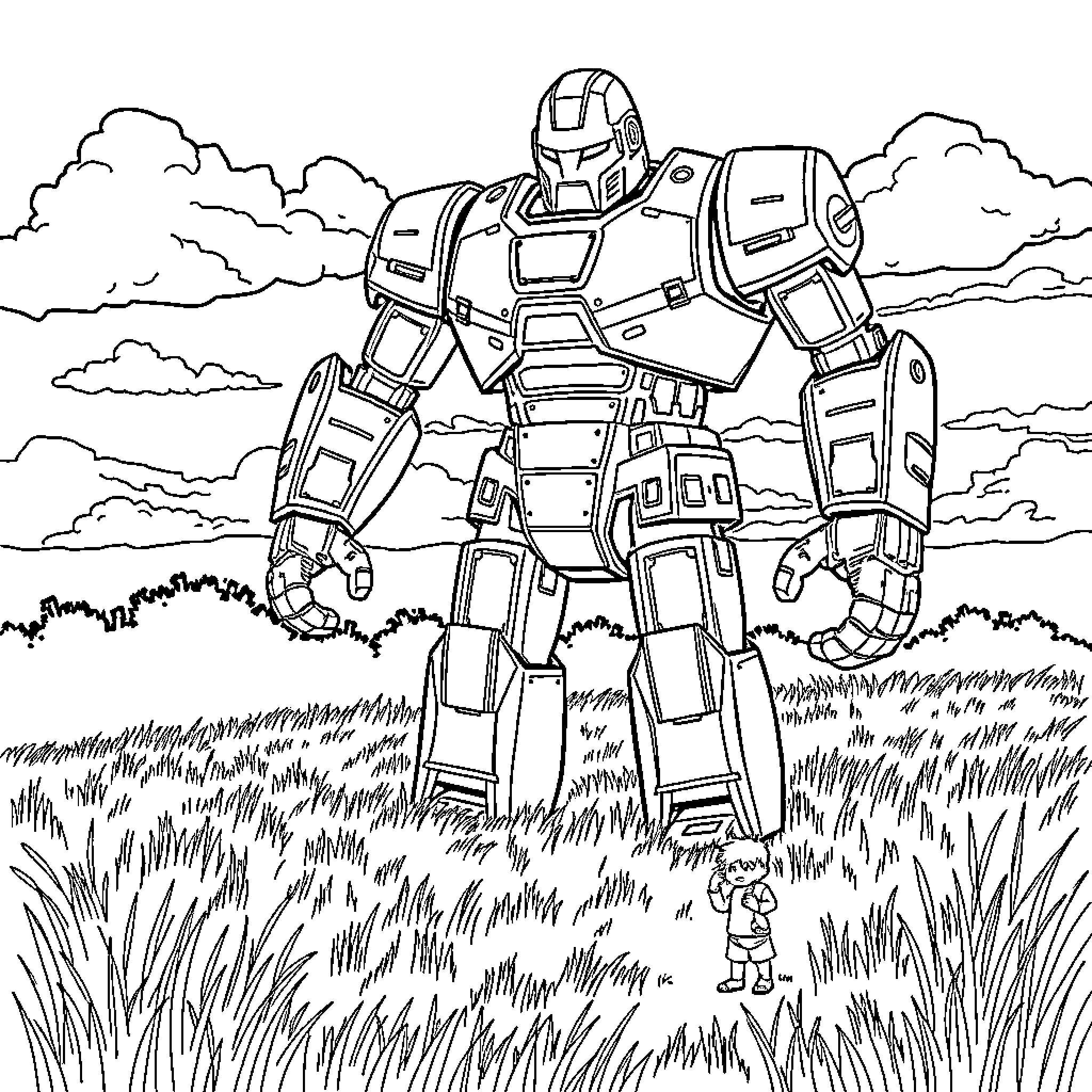 Giant Robotic Warrior Towers Over Tiny Human Coloring Page (free black-and-white line drawing printable PDF for all, from beginners to advanced learners, including children, teens, adults, and seniors)
