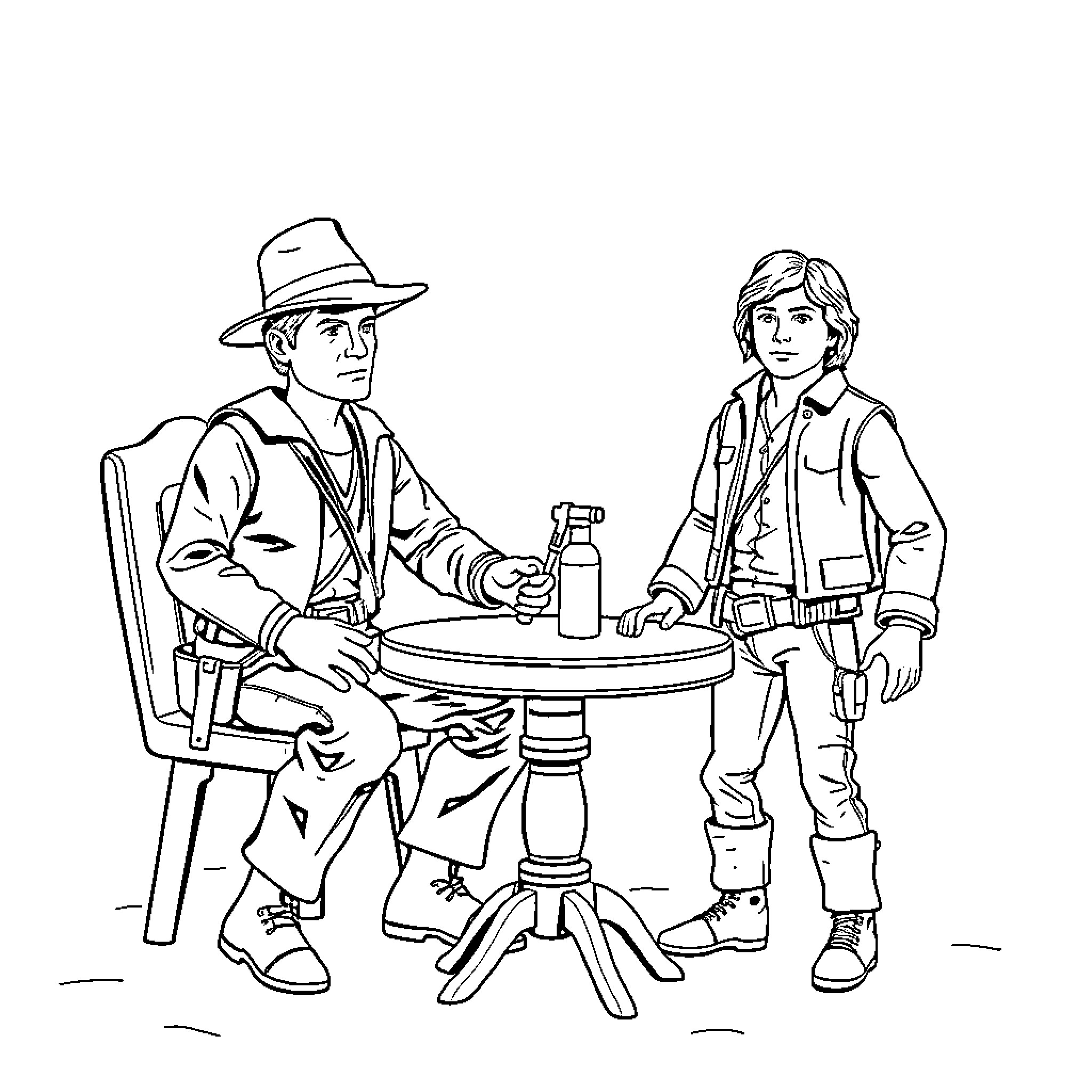 Indiana Jones and the Adventurous Duo at the Table Coloring Page (free black-and-white line drawing printable PDF for all, from beginners to advanced learners, including children, teens, adults, and seniors)