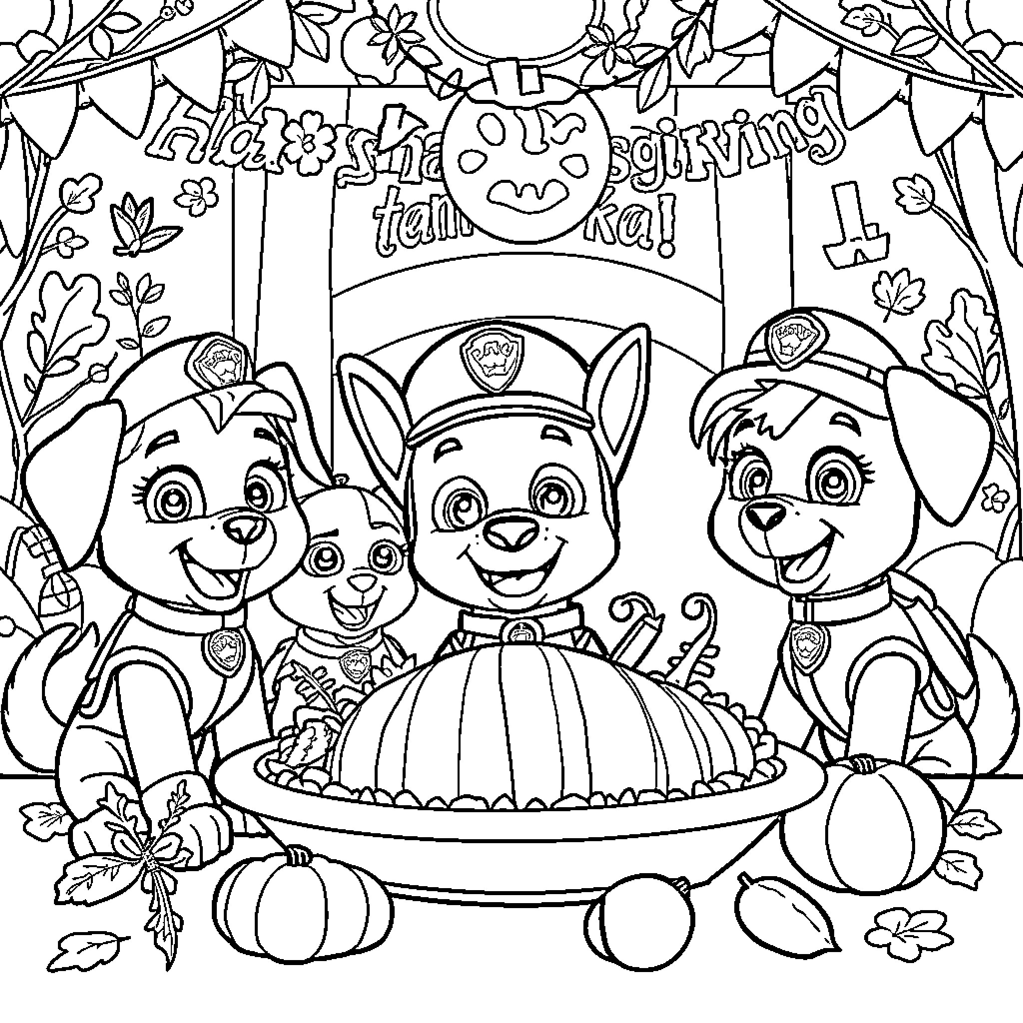 Paw Patrol Halloween Celebration Coloring Page (free black-and-white line drawing printable PDF for all, from beginners to advanced learners, including children, teens, adults, and seniors)
