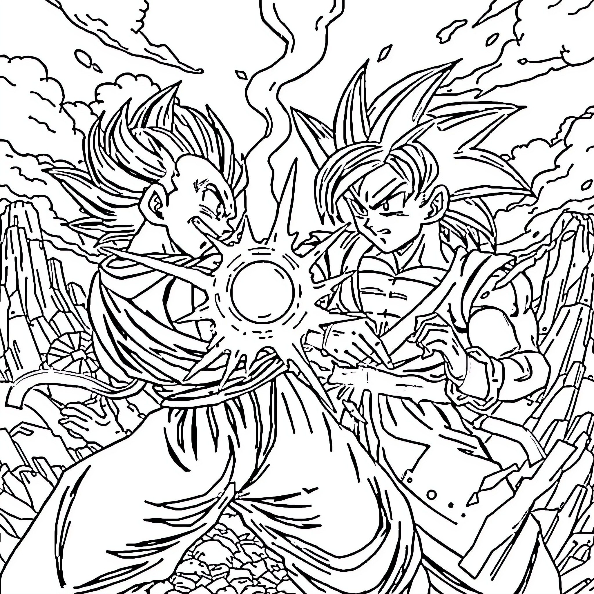 Dragonball characters in fierce battle Coloring Page (free black-and-white line drawing printable PDF for all, from beginners to advanced learners, including children, teens, adults, and seniors)