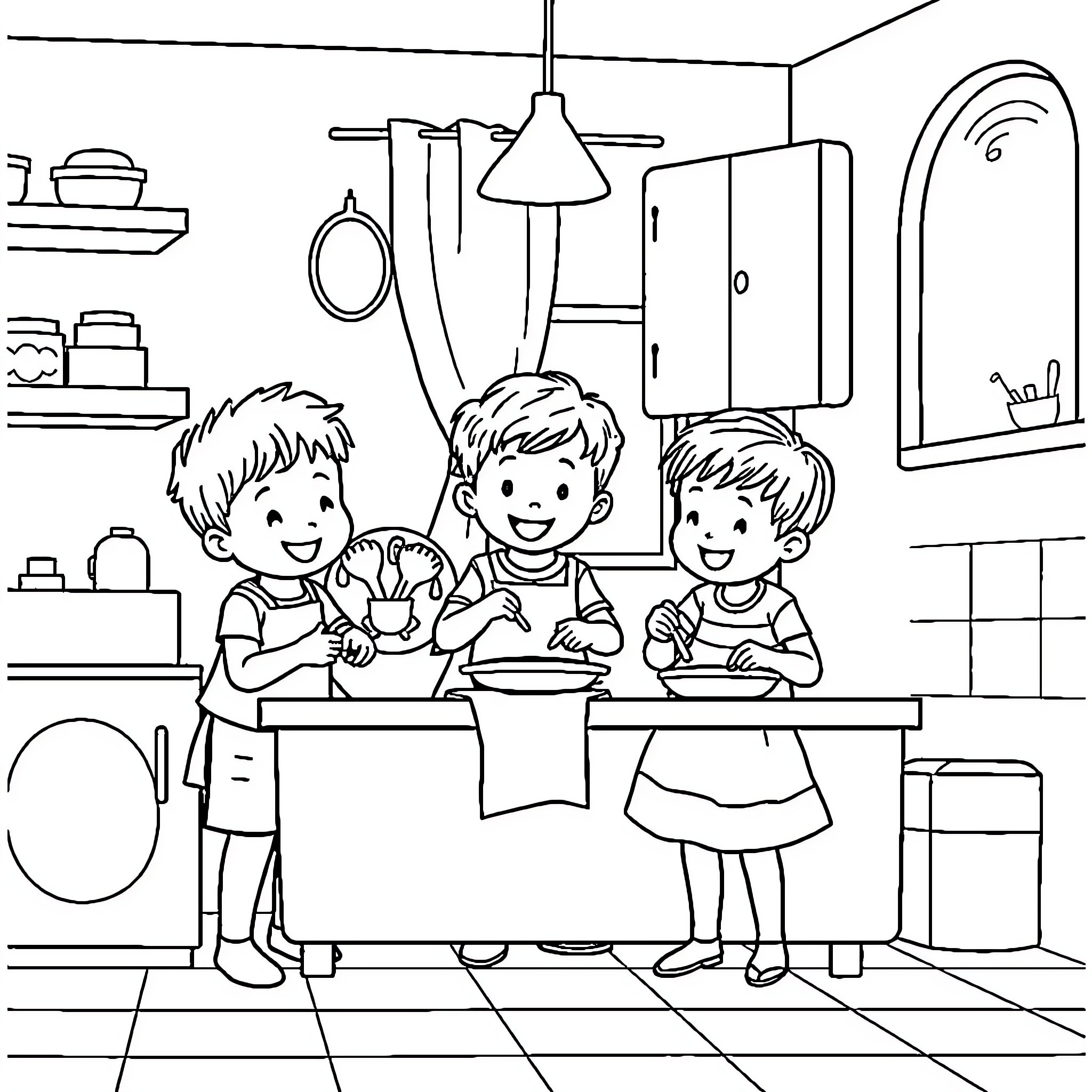 Niños enjoying a meal together in the kitchen Coloring Page (free black-and-white line drawing printable PDF for all, from beginners to advanced learners, including children, teens, adults, and seniors)