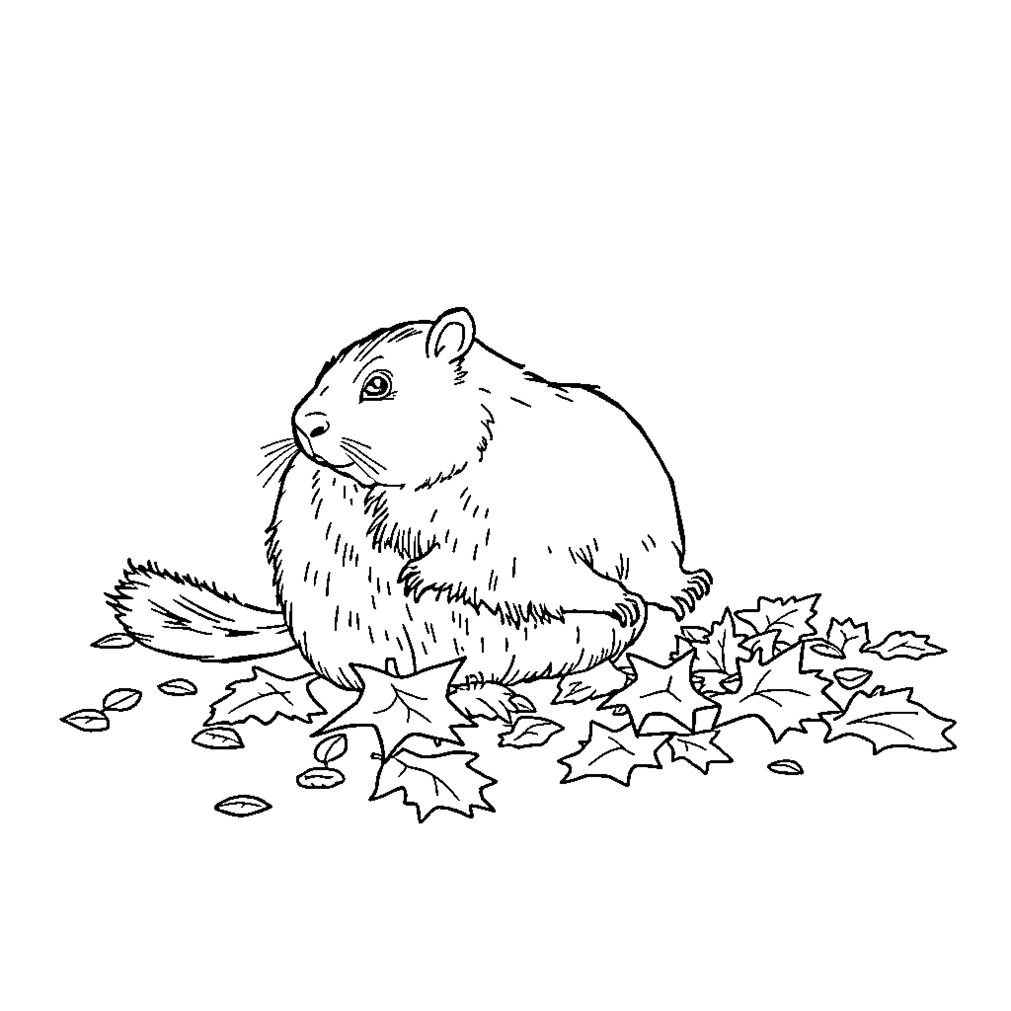 Capybara playing in autumn leaves Coloring Page (free black-and-white line drawing printable PDF for all, from beginners to advanced learners, including children, teens, adults, and seniors)