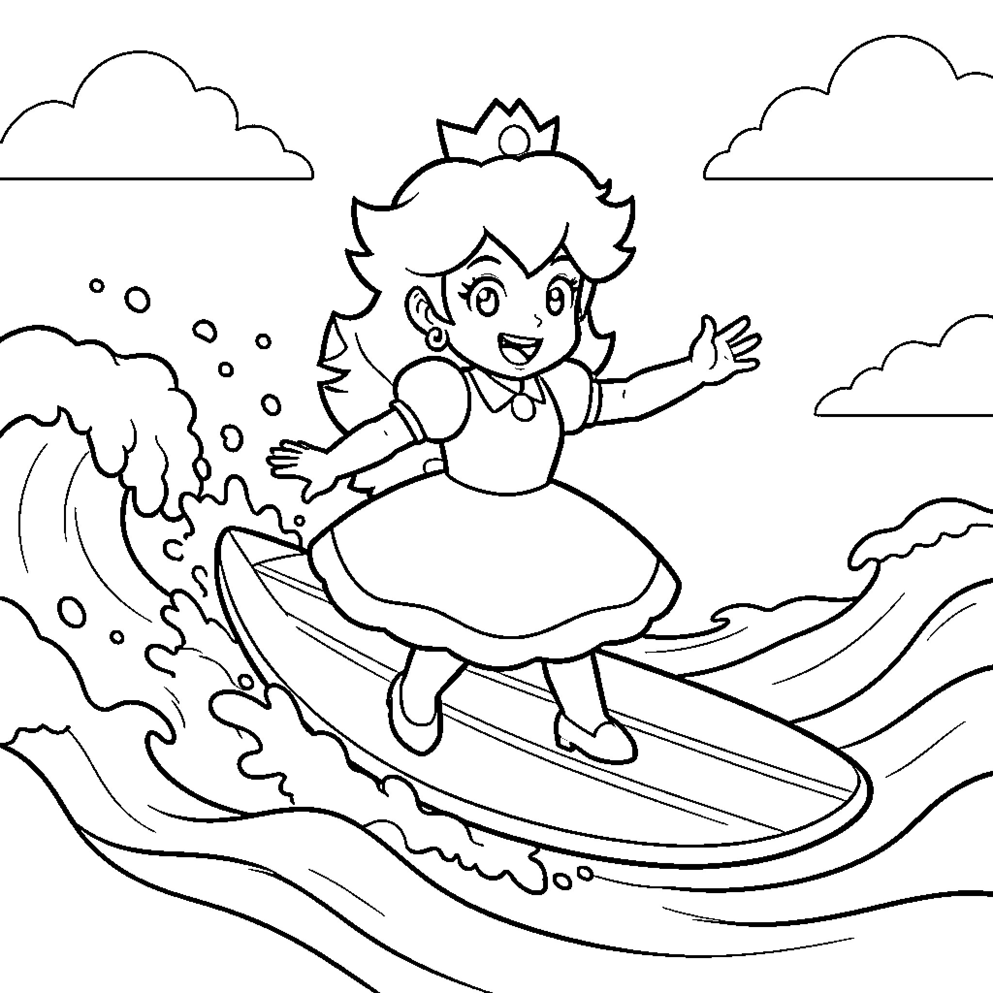 Princess Peach surfing happily on a large ocean wave Coloring Page (free black-and-white line drawing printable PDF for all, from beginners to advanced learners, including children, teens, adults, and seniors)
