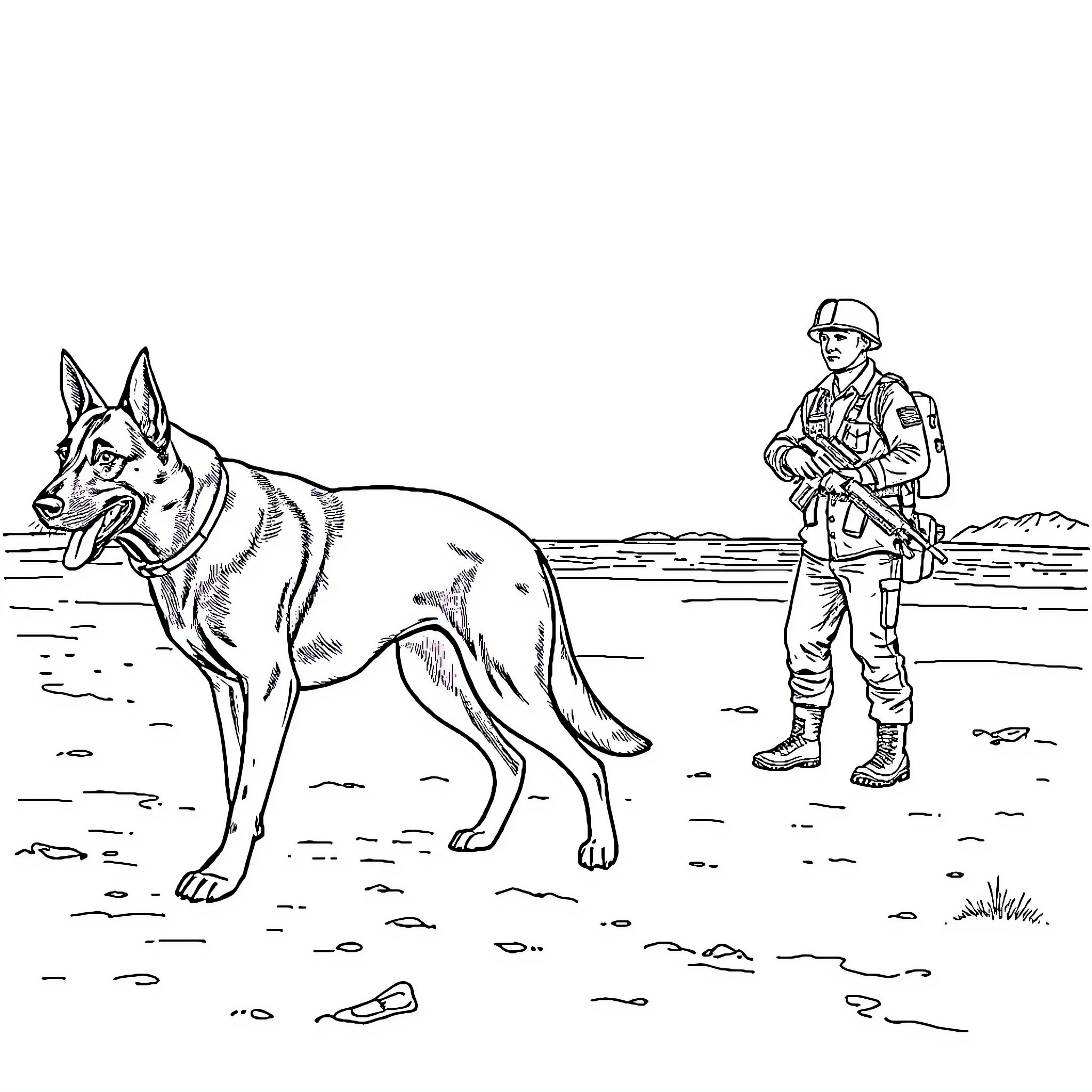 Belgian Malinois in Military Service Coloring Page (free black-and-white line drawing printable PDF for all, from beginners to advanced learners, including children, teens, adults, and seniors)