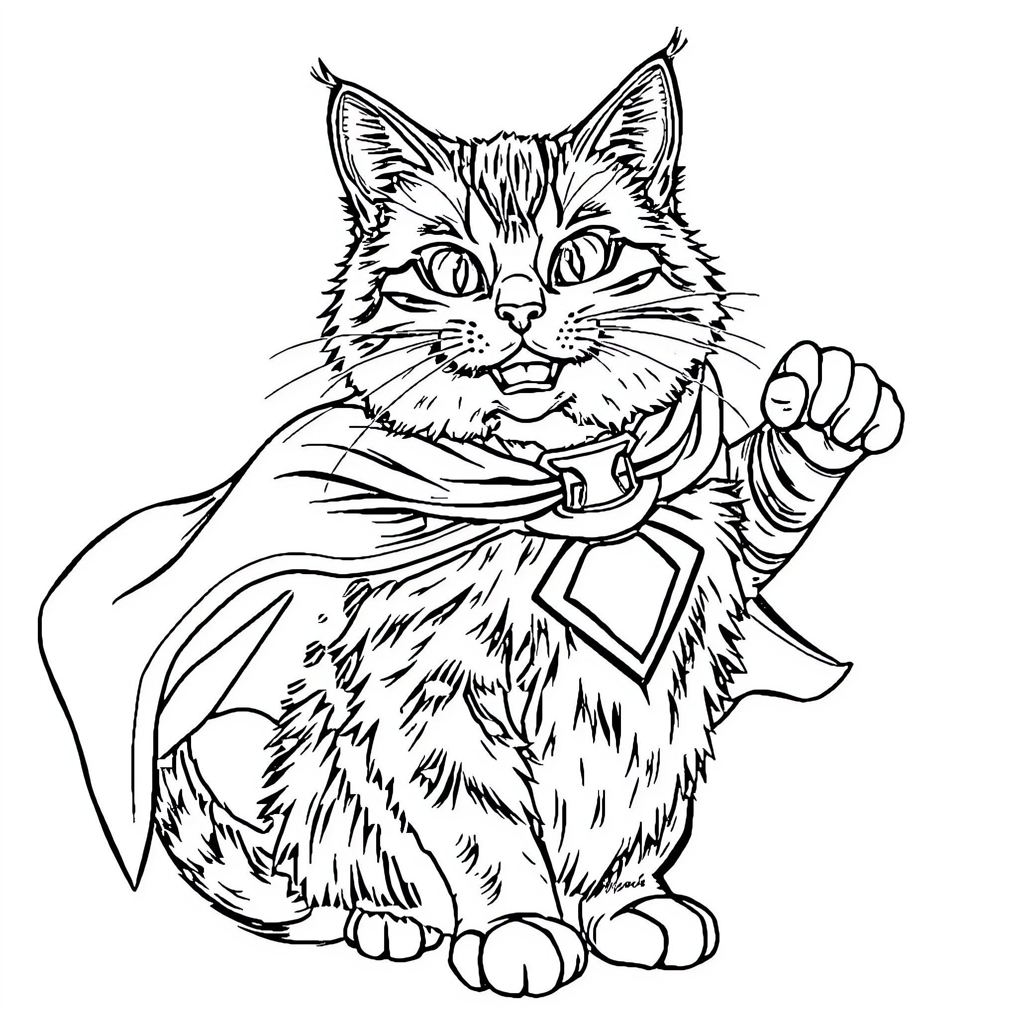 Maine Coon cat in superhero costume Coloring Page (free black-and-white line drawing printable PDF for all, from beginners to advanced learners, including children, teens, adults, and seniors)