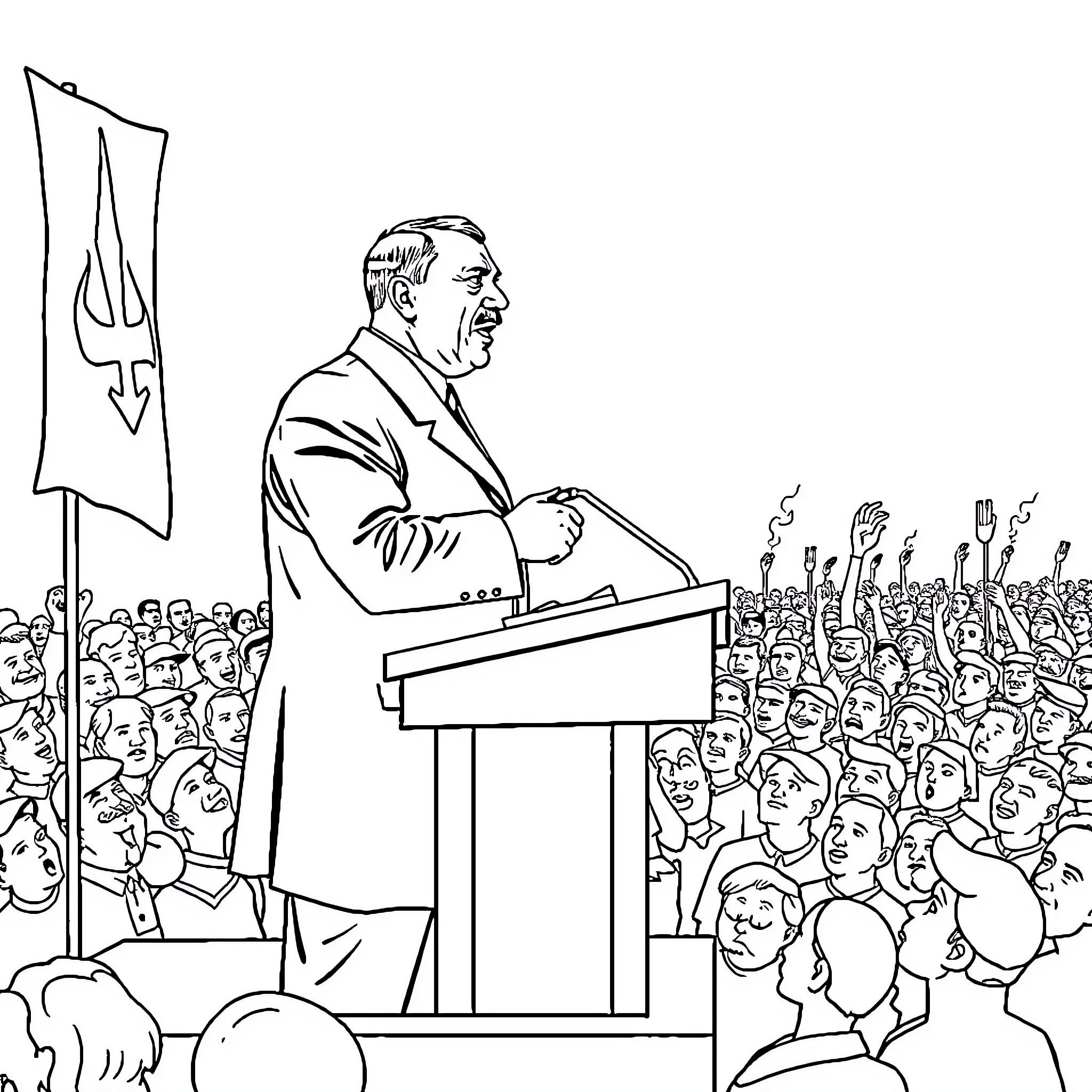 Adolf Hitler Addressing Enthusiastic Crowd from Podium Coloring Page (free black-and-white line drawing printable PDF for all, from beginners to advanced learners, including children, teens, adults, and seniors)