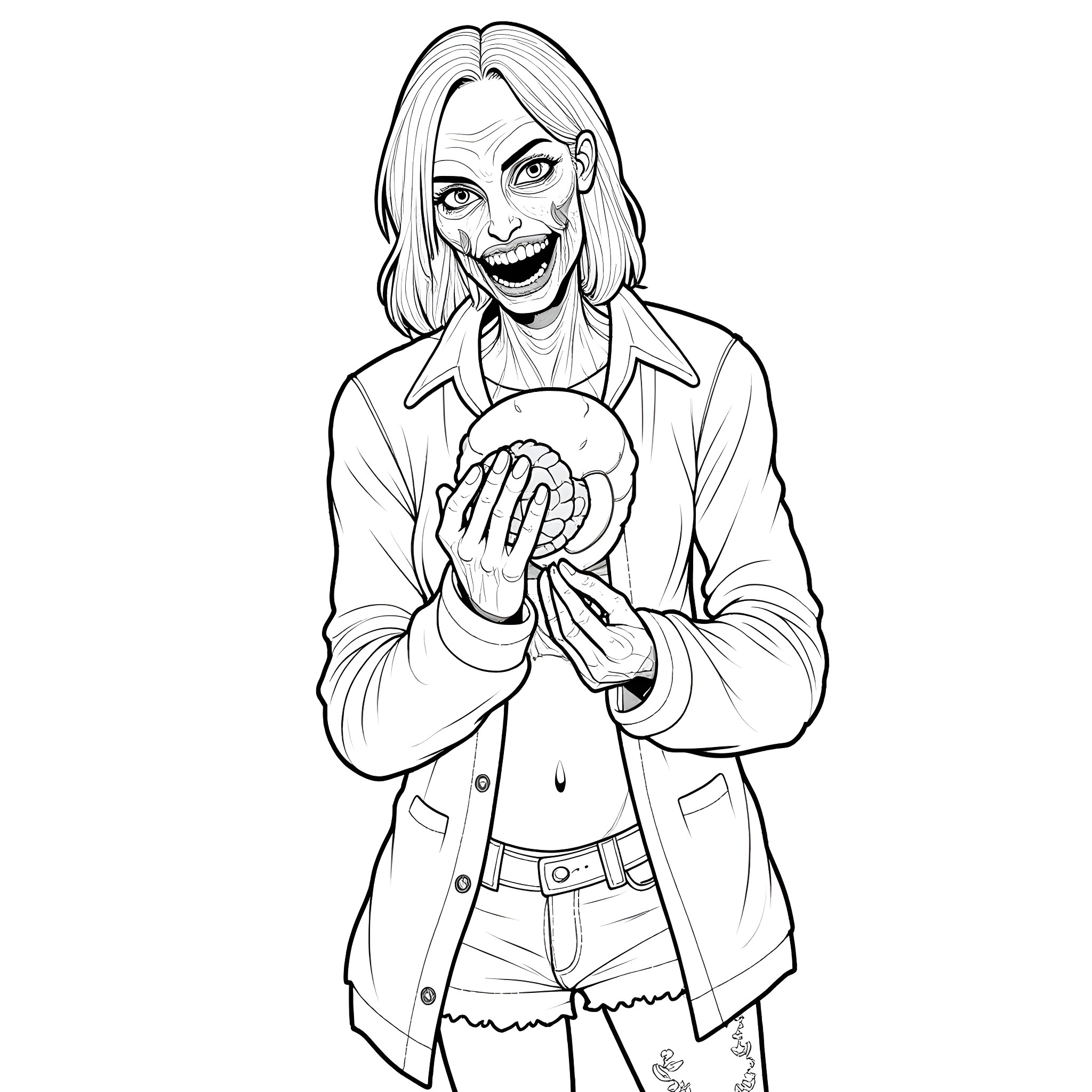 Zombie with sinister grin and grasping object Coloring Page (free black-and-white line drawing printable PDF for all, from beginners to advanced learners, including children, teens, adults, and seniors)