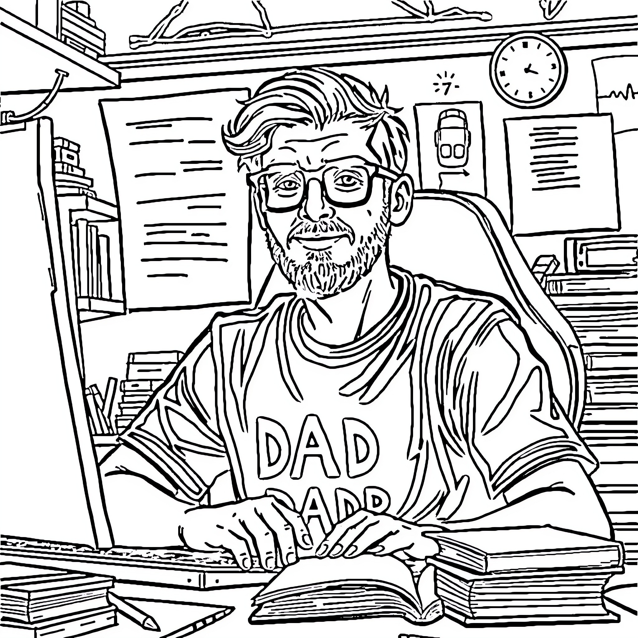 Dad working diligently in his office Coloring Page (free black-and-white line drawing printable PDF for all, from beginners to advanced learners, including children, teens, adults, and seniors)