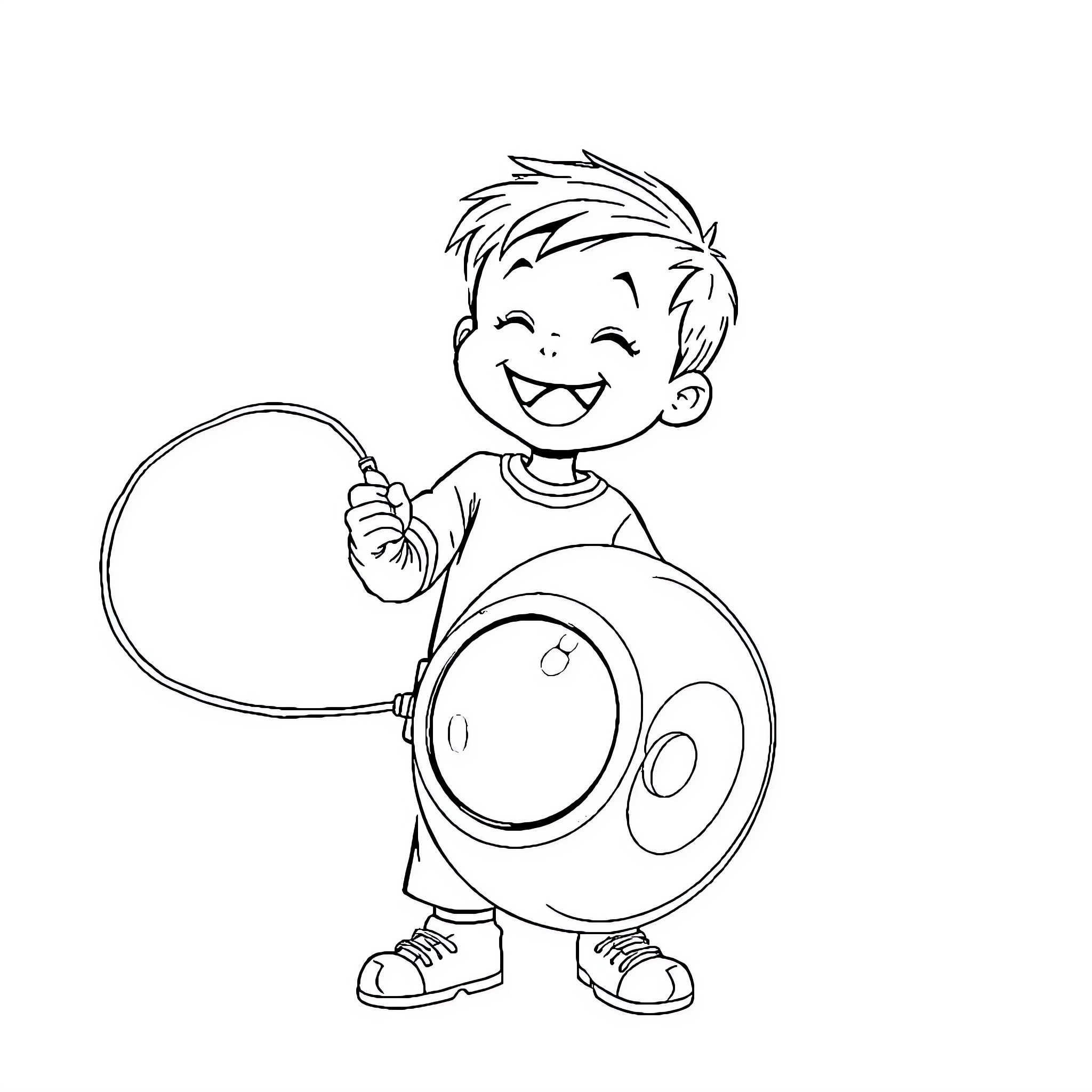 Kid playing with a hula hoop and smiling Coloring Page (free black-and-white line drawing printable PDF for all, from beginners to advanced learners, including children, teens, adults, and seniors)