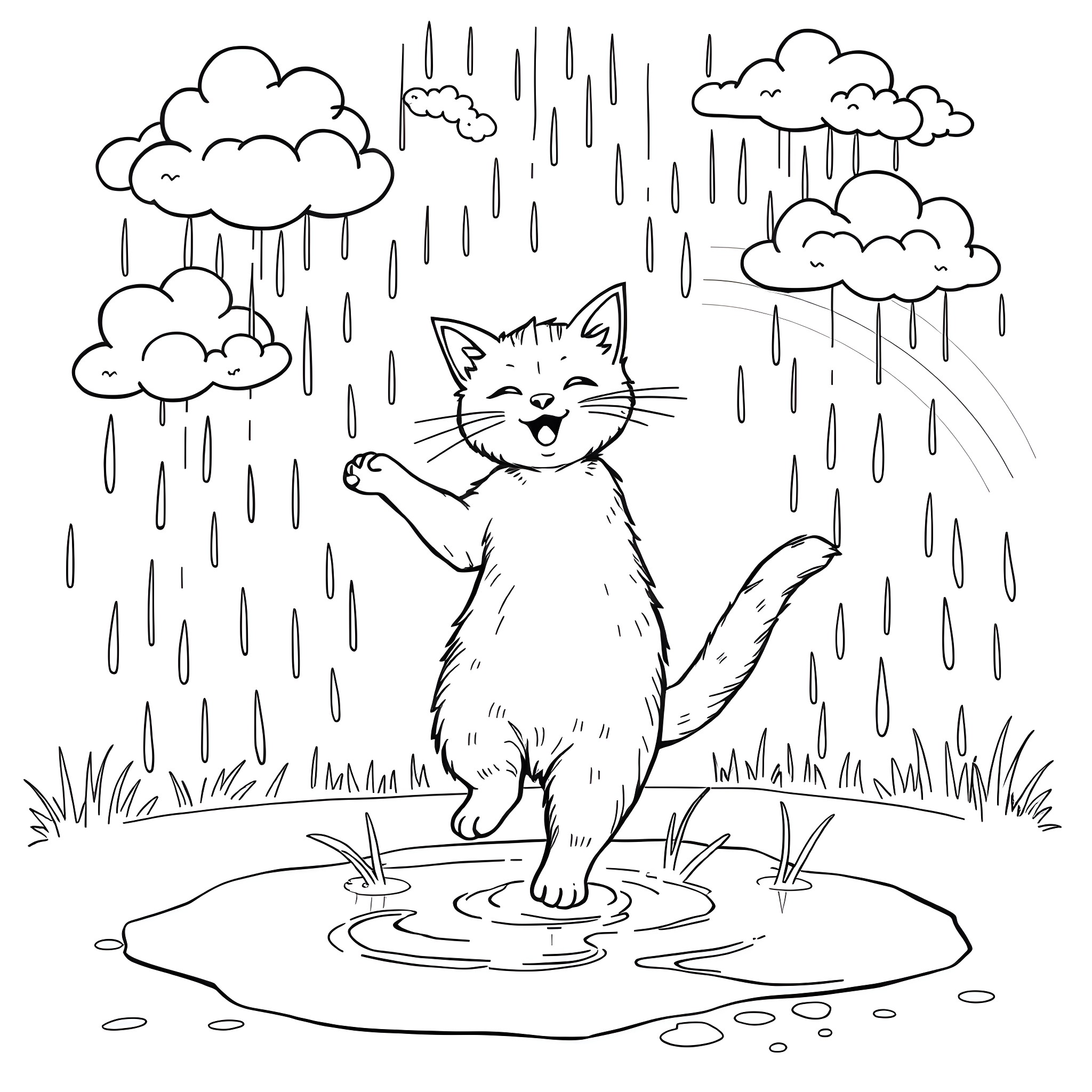 Cat playing joyfully in the rain Coloring Page (free black-and-white line drawing printable PDF for all, from beginners to advanced learners, including children, teens, adults, and seniors)