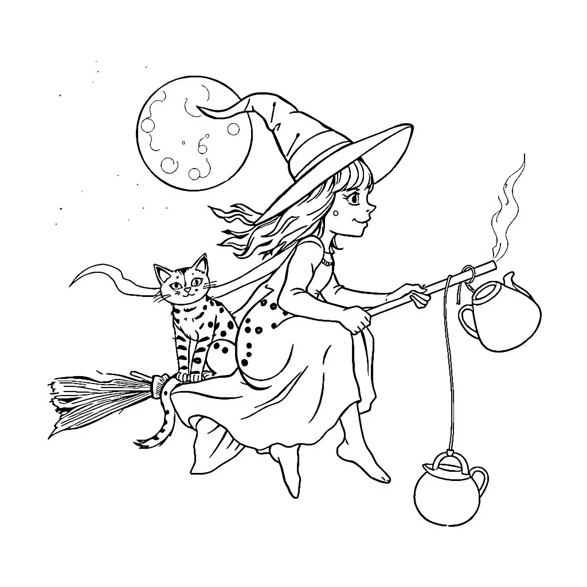 Witch flying on broomstick with cat companion Coloring Page (free black-and-white line drawing printable PDF for all, from beginners to advanced learners, including children, teens, adults, and seniors)
