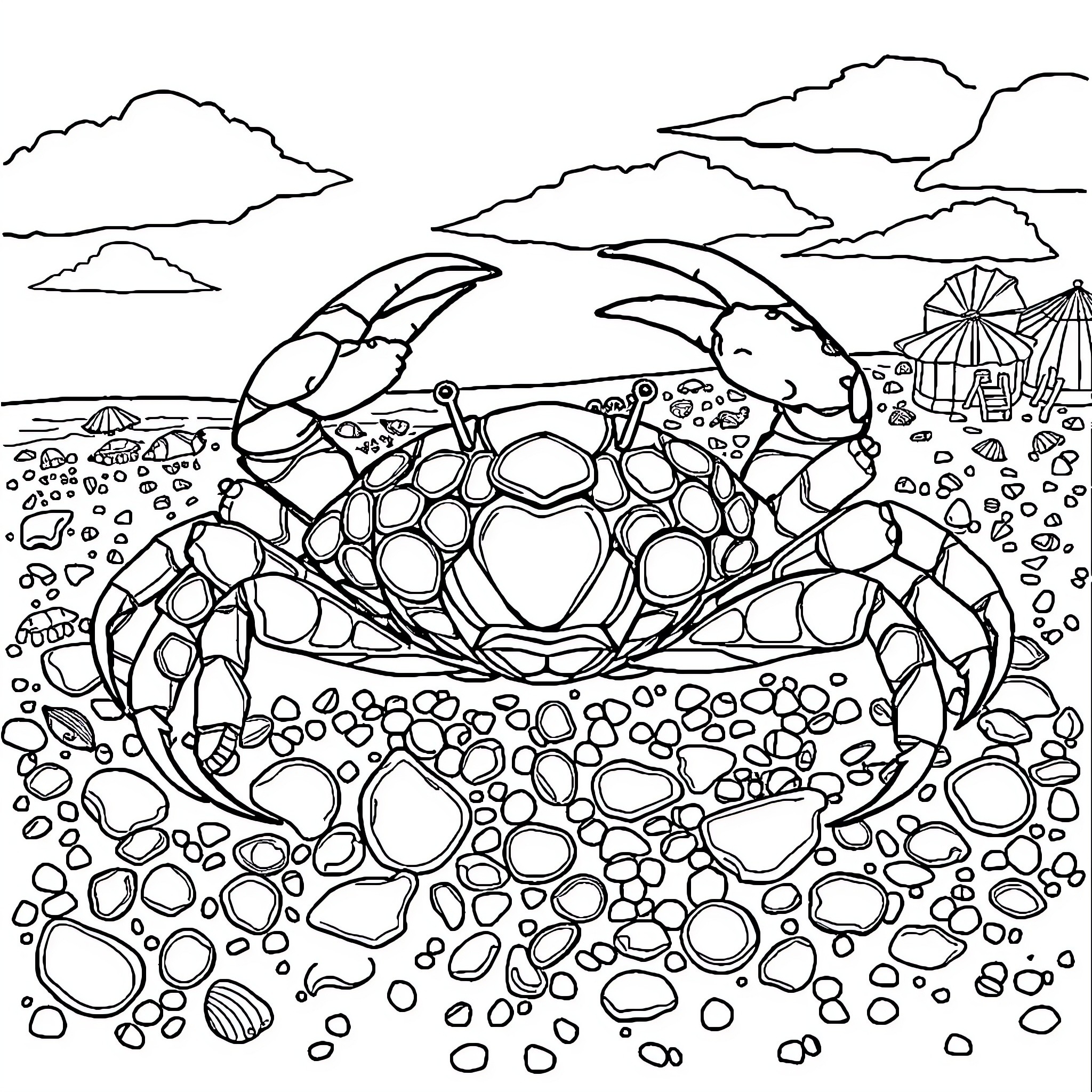 Crab scuttling across a rocky beach Coloring Page (free black-and-white line drawing printable PDF for all, from beginners to advanced learners, including children, teens, adults, and seniors)