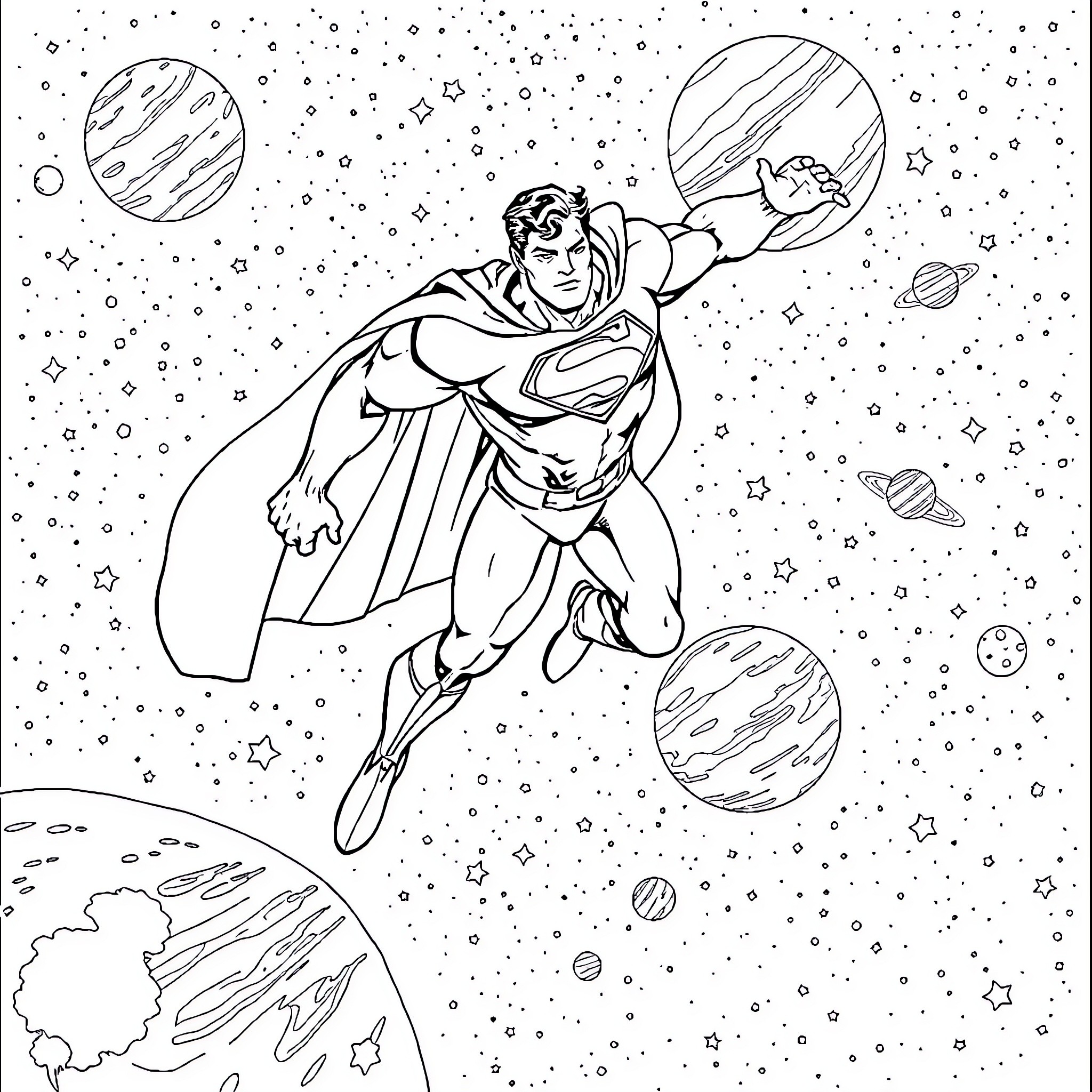 Superman soaring through the cosmic expanse Coloring Page (free black-and-white line drawing printable PDF for all, from beginners to advanced learners, including children, teens, adults, and seniors)