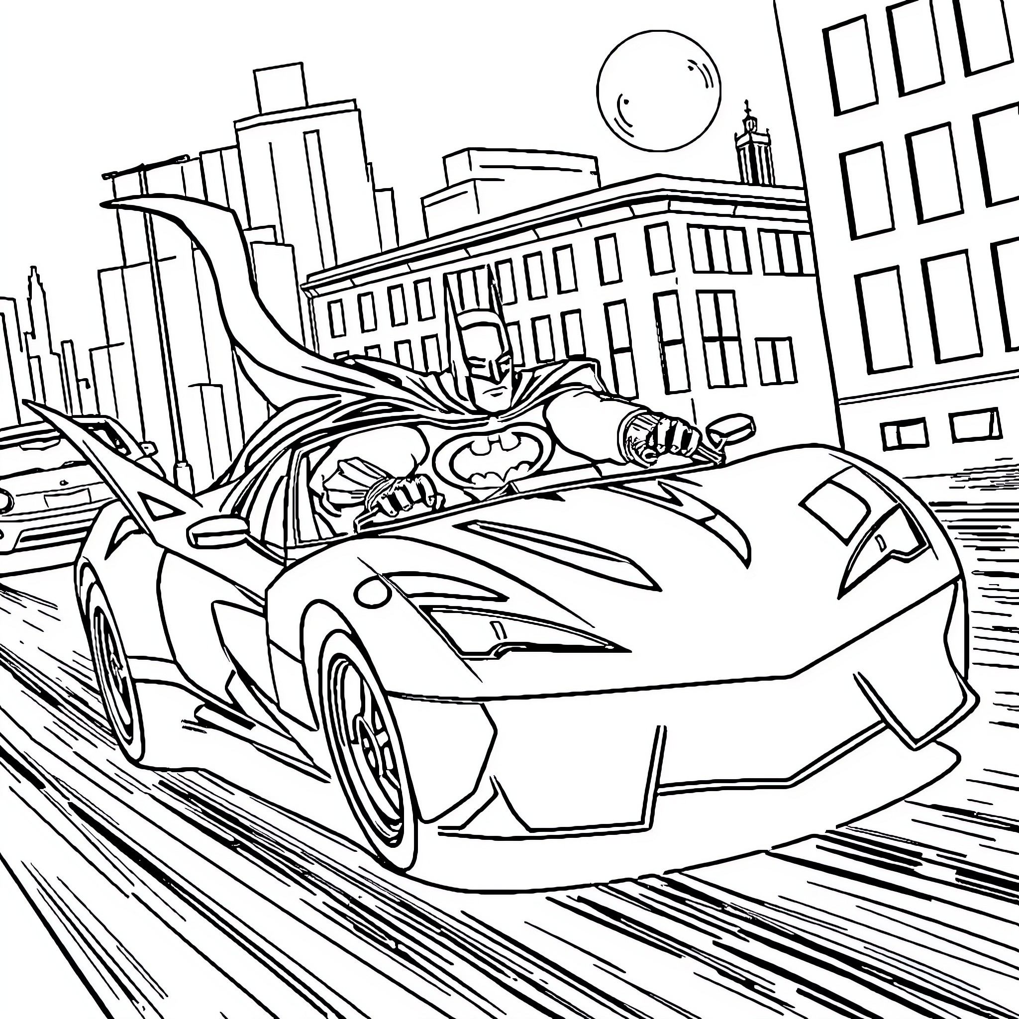 Batmobile racing through the city streets Coloring Page (free black-and-white line drawing printable PDF for all, from beginners to advanced learners, including children, teens, adults, and seniors)