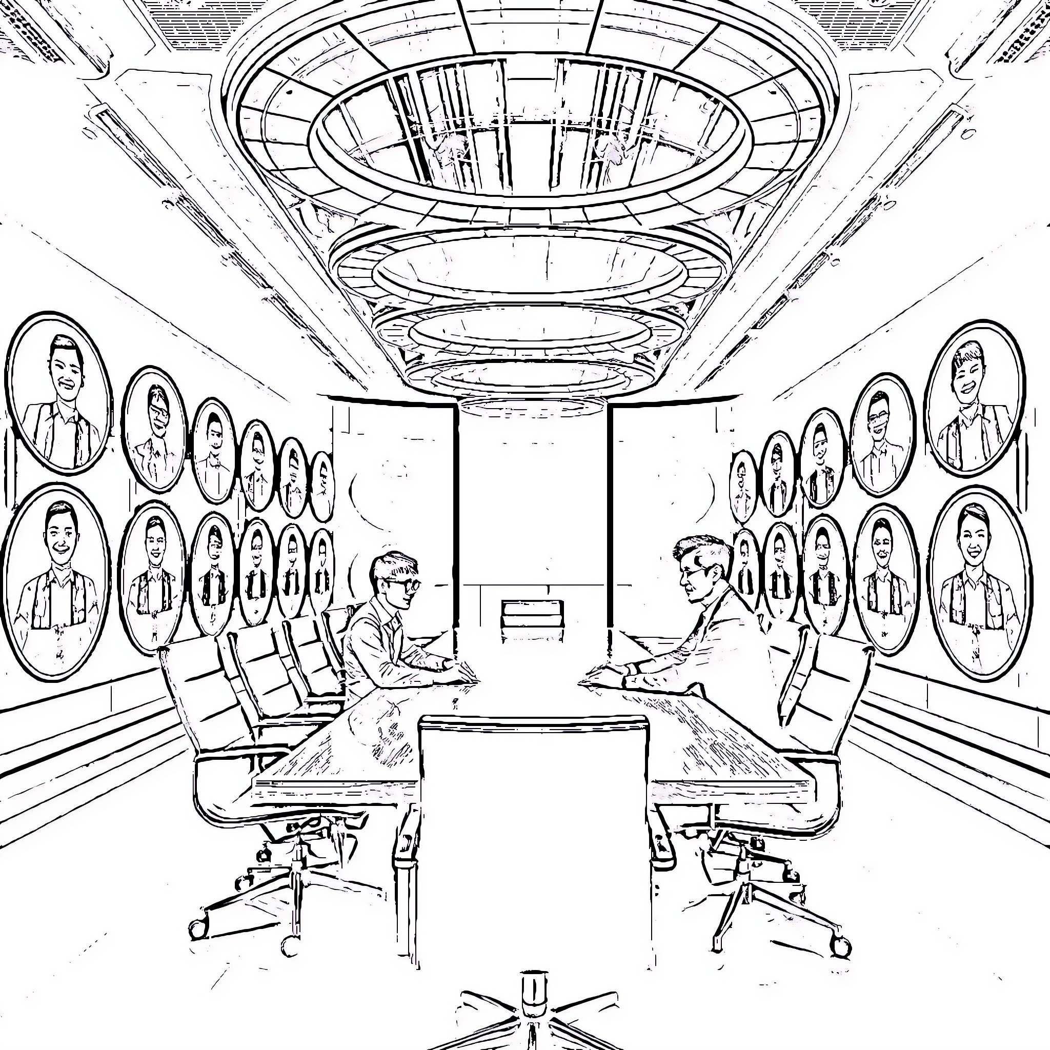 Conference Room with Arranged Portraits Coloring Page (free black-and-white line drawing printable PDF for all, from beginners to advanced learners, including children, teens, adults, and seniors)