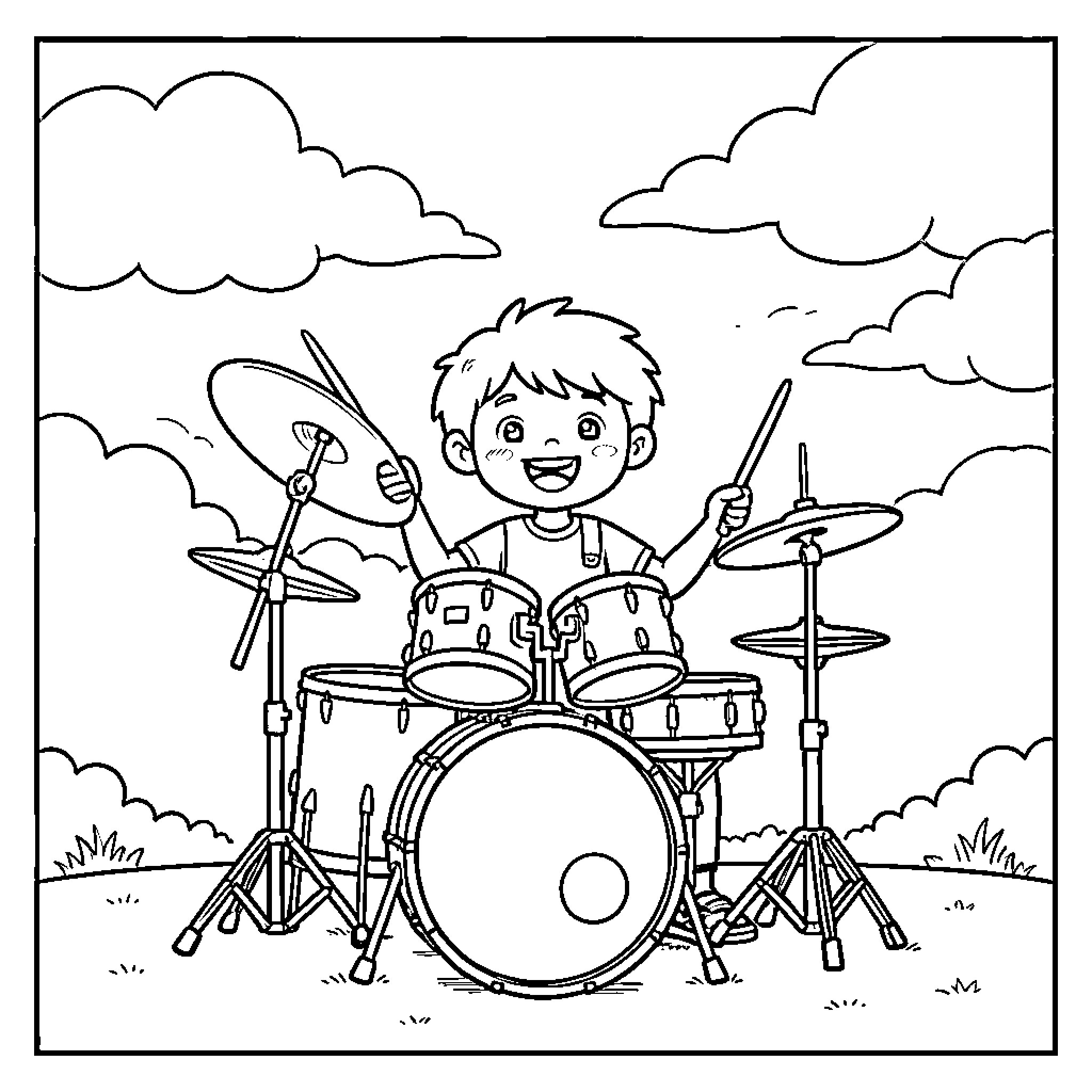 Kid enjoying playing the drums outdoors Coloring Page (free black-and-white line drawing printable PDF for all, from beginners to advanced learners, including children, teens, adults, and seniors)