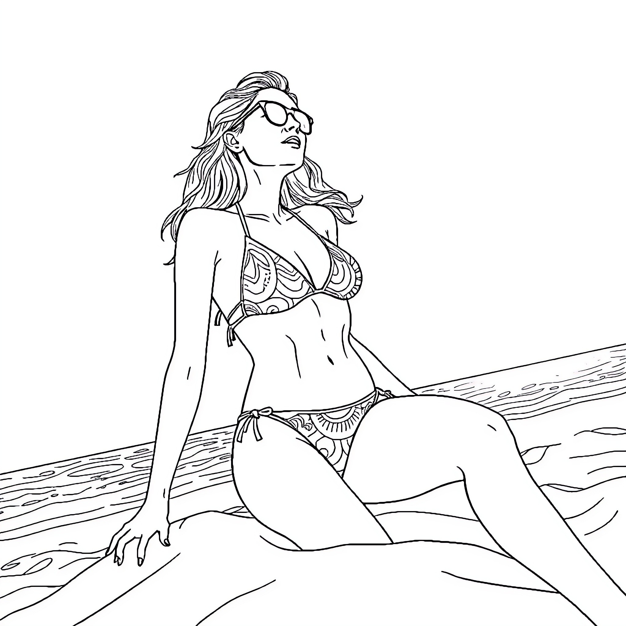 Woman relaxing on the beach Coloring Page (free black-and-white line drawing printable PDF for all, from beginners to advanced learners, including children, teens, adults, and seniors)