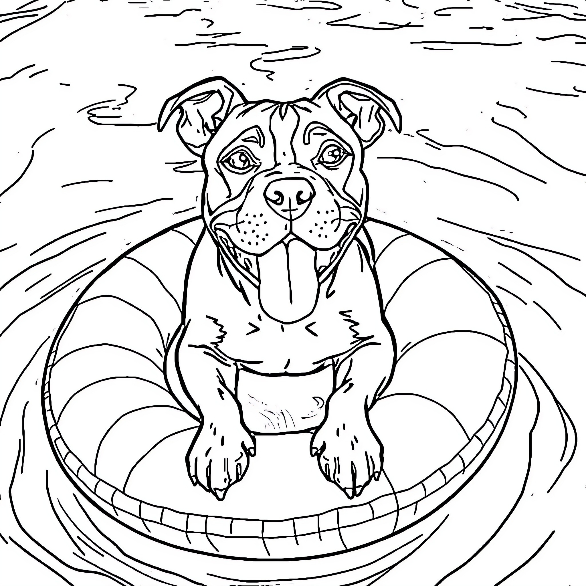 Pitbull relaxing in a wading pool Coloring Page (free black-and-white line drawing printable PDF for all, from beginners to advanced learners, including children, teens, adults, and seniors)