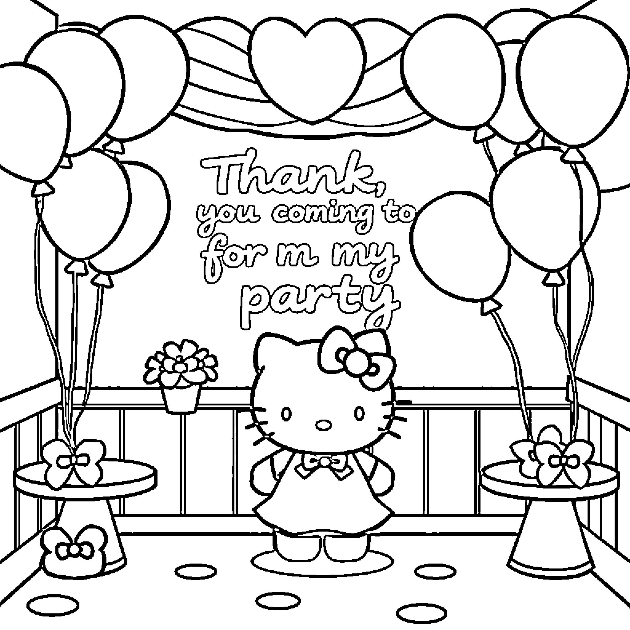 Hello Kitty thanking guests for party Coloring Page (free black-and-white line drawing printable PDF for all, from beginners to advanced learners, including children, teens, adults, and seniors)